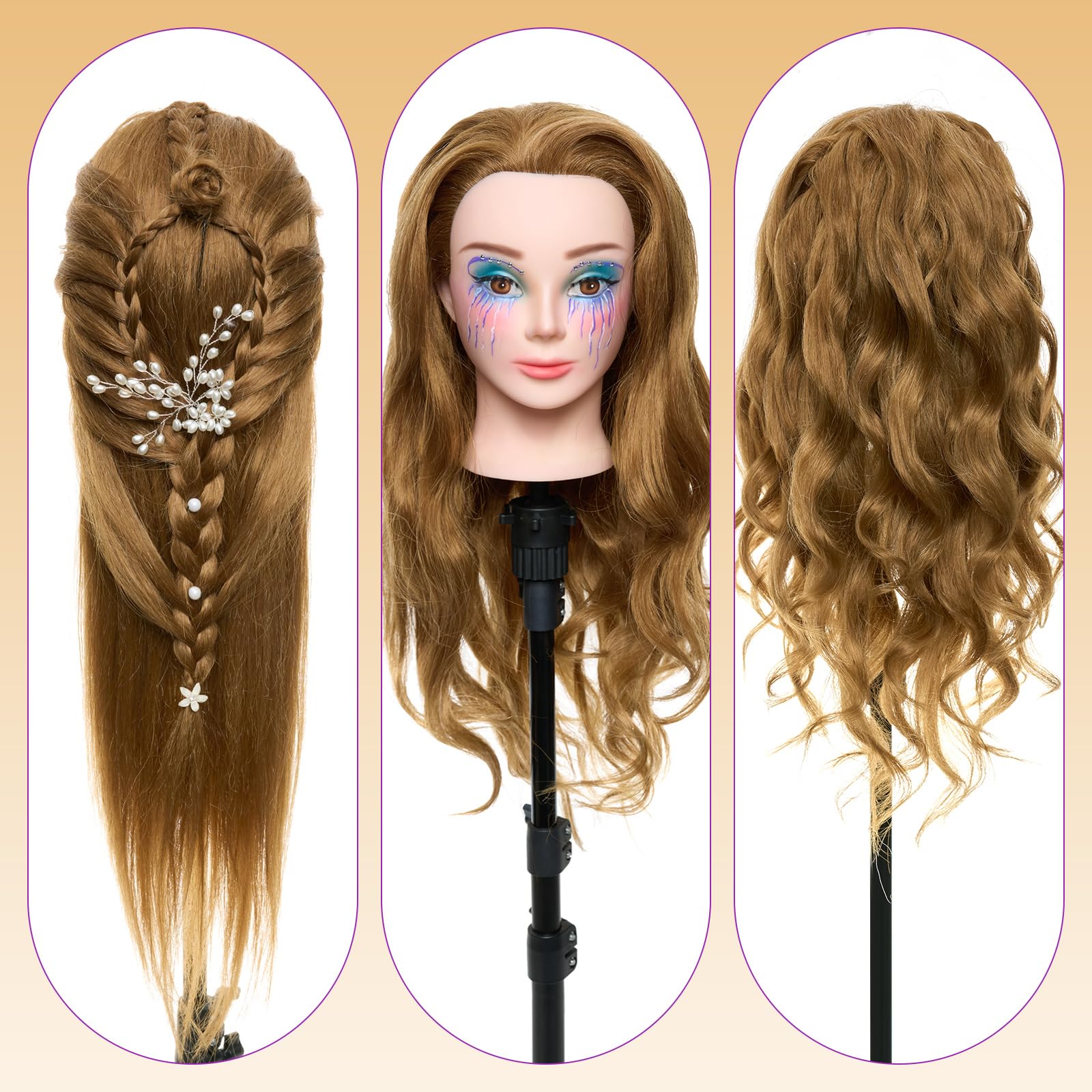 White Smoke 28" Mannequin Head Human Hair - 80% Real Hair Mannequin Head for Makeup Practice, Cosmetology Manikin Doll Head for Hair Styling, Hairdressing Training Head for Braiding #27