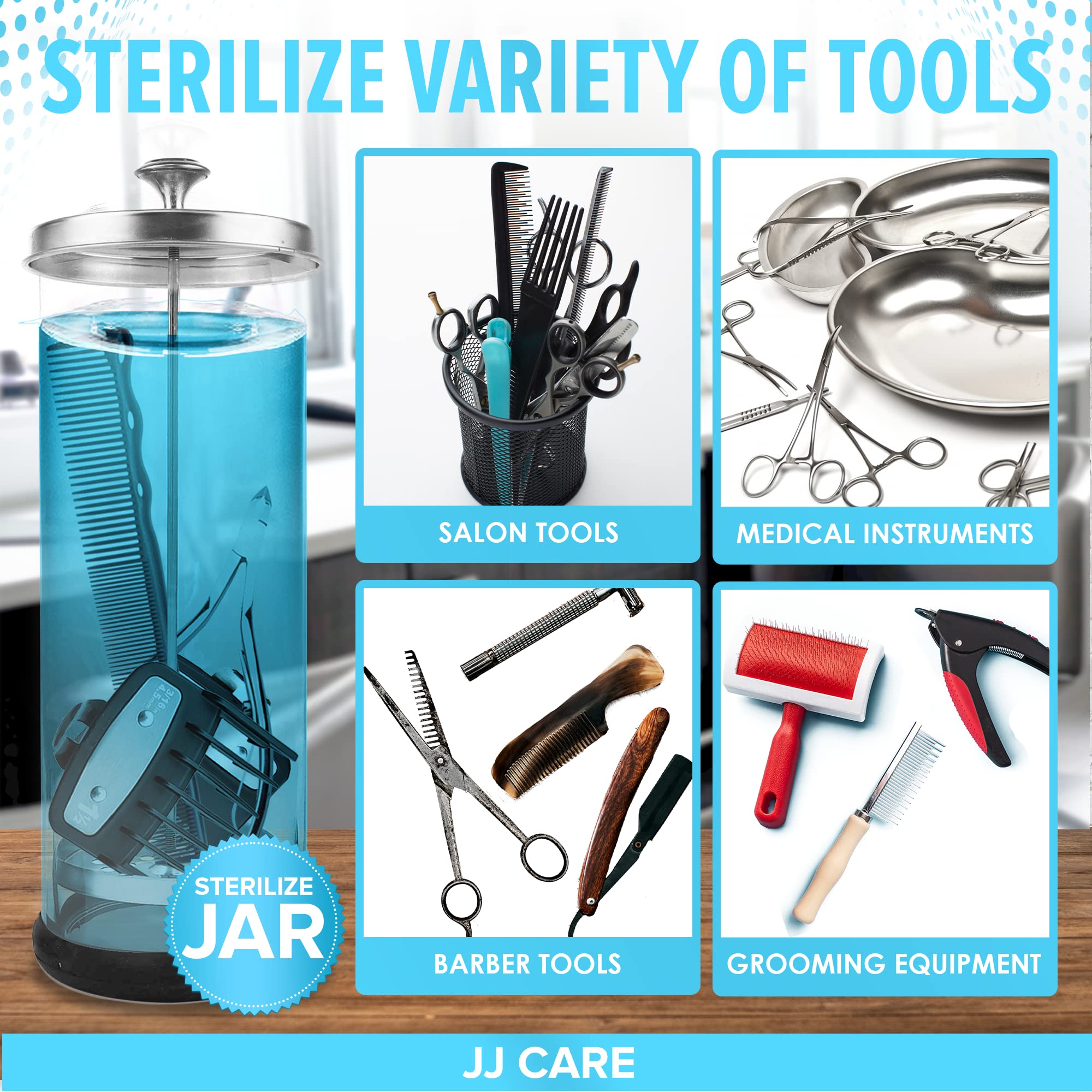 JJ CARE Disinfectant Jar (35oz) - Barber Disinfectant Jar Glass, Sanitizer Container w/Stainless Steel Removable Strainer & Cap for Manicure, Salon, Spa and Barber Tools - Silver Lid