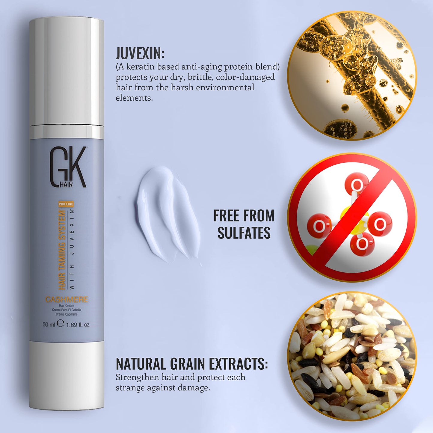 Crème coiffante et lissante sans rinçage GK HAIR Global Keratin Cashmere (50 ml) Huile d'argan pour une brillance lisse et anti-frisottis, hydrate et répare les cheveux secs, abîmés et difficiles à coiffer