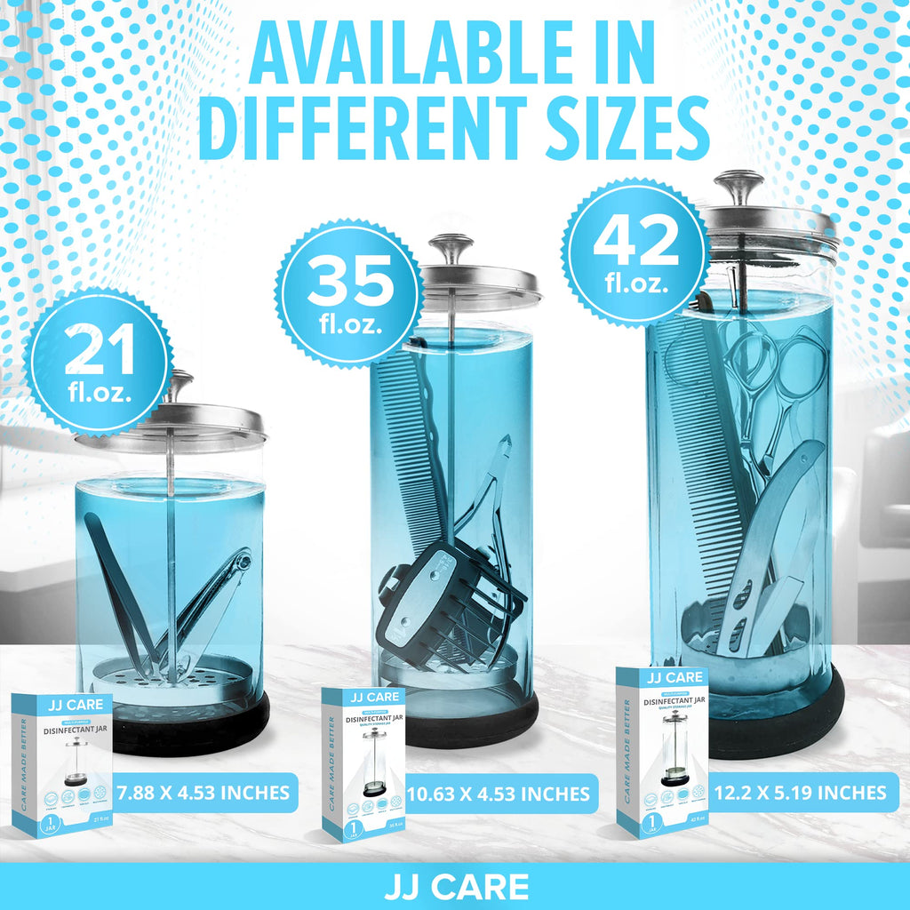 JJ CARE Disinfectant Jar (42oz) - Barber Disinfectant Jar Glass, Sanitizer Container w/Stainless Steel Removable Strainer & Cap for Manicure, Salon, Spa and Barber Tools - Silver Lid