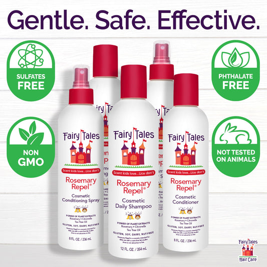 White Smoke Fairy Tales Rosemary Repel Daily Kids Shampoo, Conditioner & Conditioning Spray Refill Trio– Kids Like the Smell, Lice Do Not