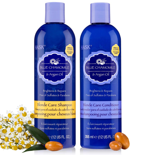 HASK Blue Chamomile Shampoo + Conditioner Set for All Hair Types, Color Safe, Free of Gluten, Sulfate, Paraben, Cruelty - 1 Shampoo and 1 Conditioner (24 Fl Oz Each)