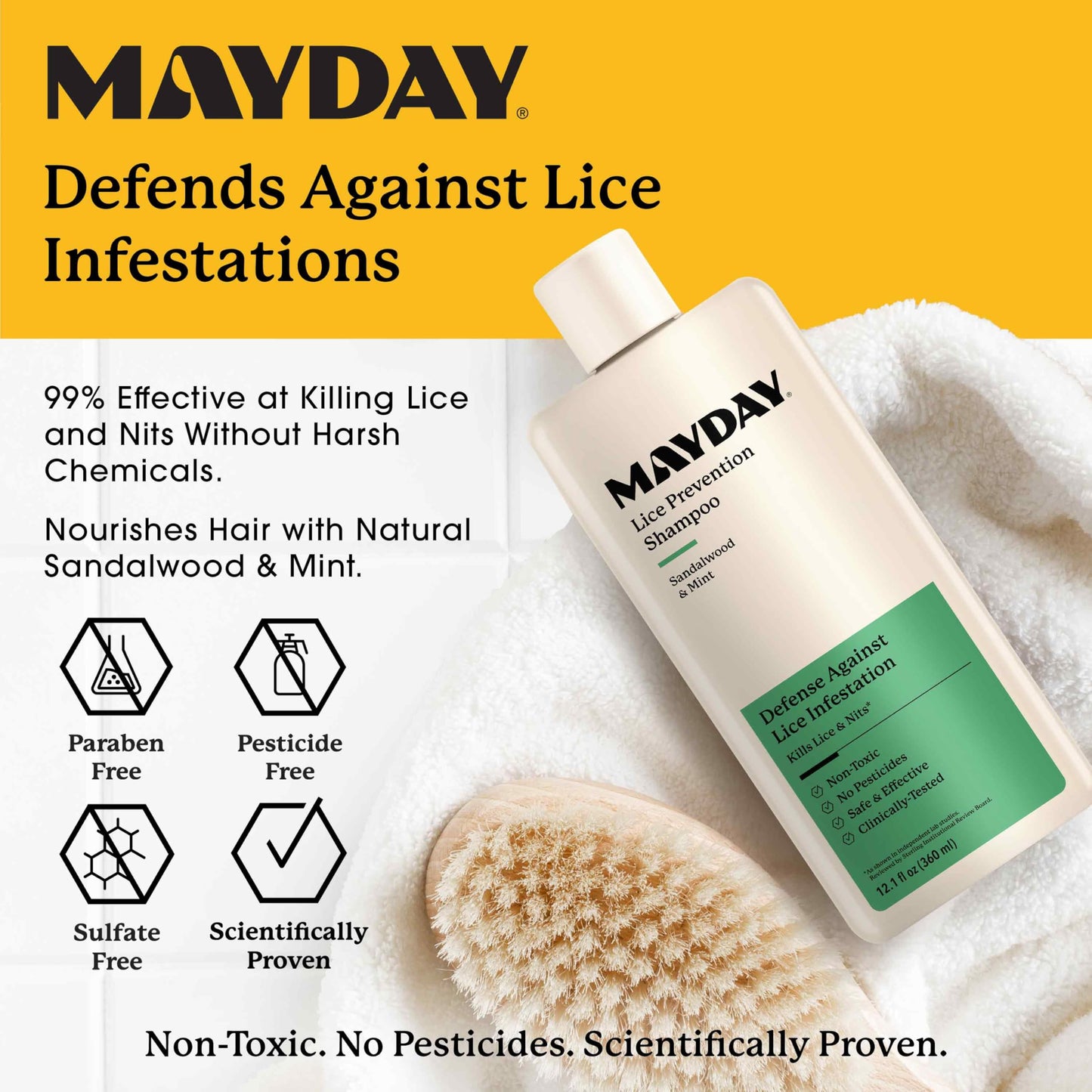 MAYDAY Lice Prevention Shampoo - Sandalwood & Mint - 12oz, Non-Toxic, Pesticide-Free, Scientifically Proven Treatment & Defense Against Lice & Nits, Shampoo for Adults & Kids, Safe for All Hair Types