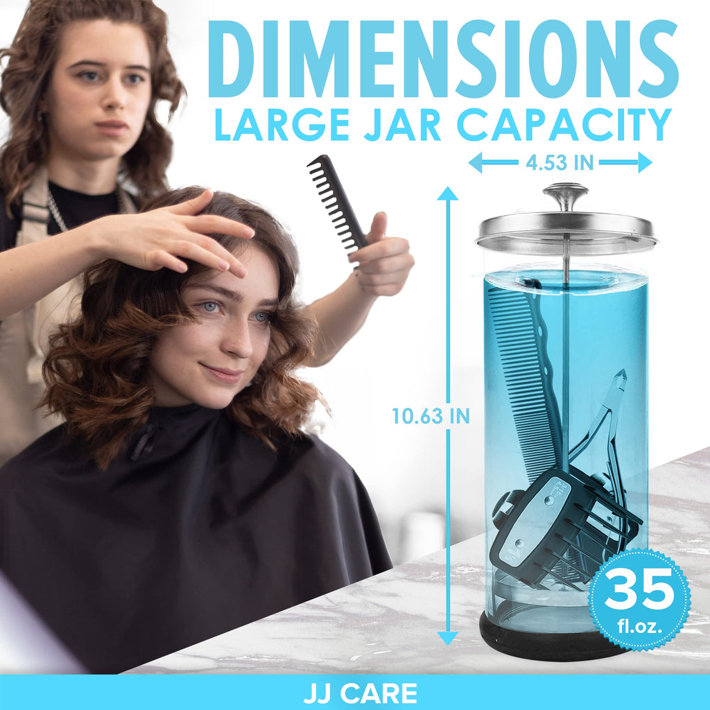 JJ CARE Disinfectant Jar (35oz) - Barber Disinfectant Jar Glass, Sanitizer Container w/Stainless Steel Removable Strainer & Cap for Manicure, Salon, Spa and Barber Tools - Silver Lid