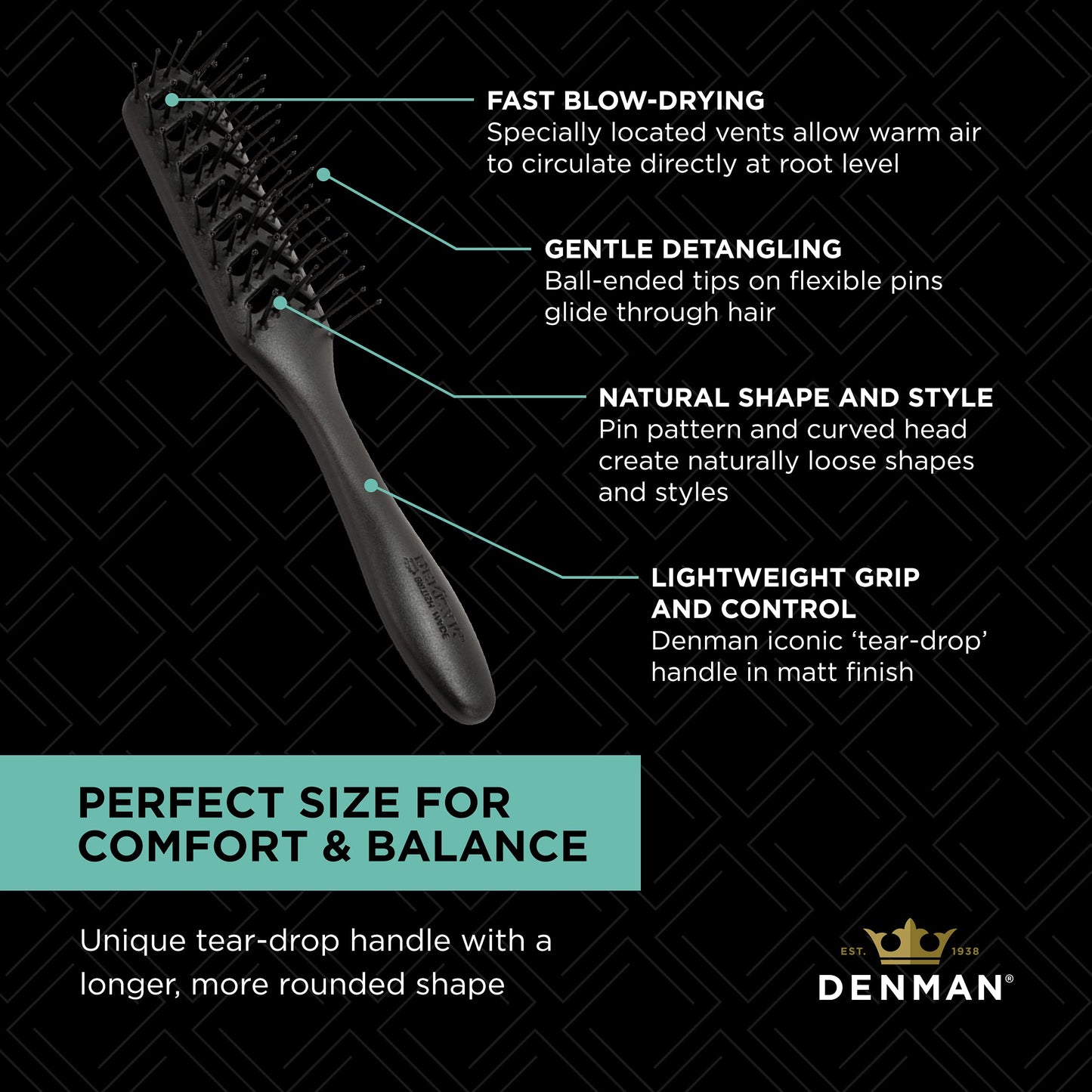 Brosse démêlante flexible Denman D200 – Poignée légère et contrôle optimal – Idéale pour coiffer et démêler les cheveux secs et mouillés – Noir (lot de 1)