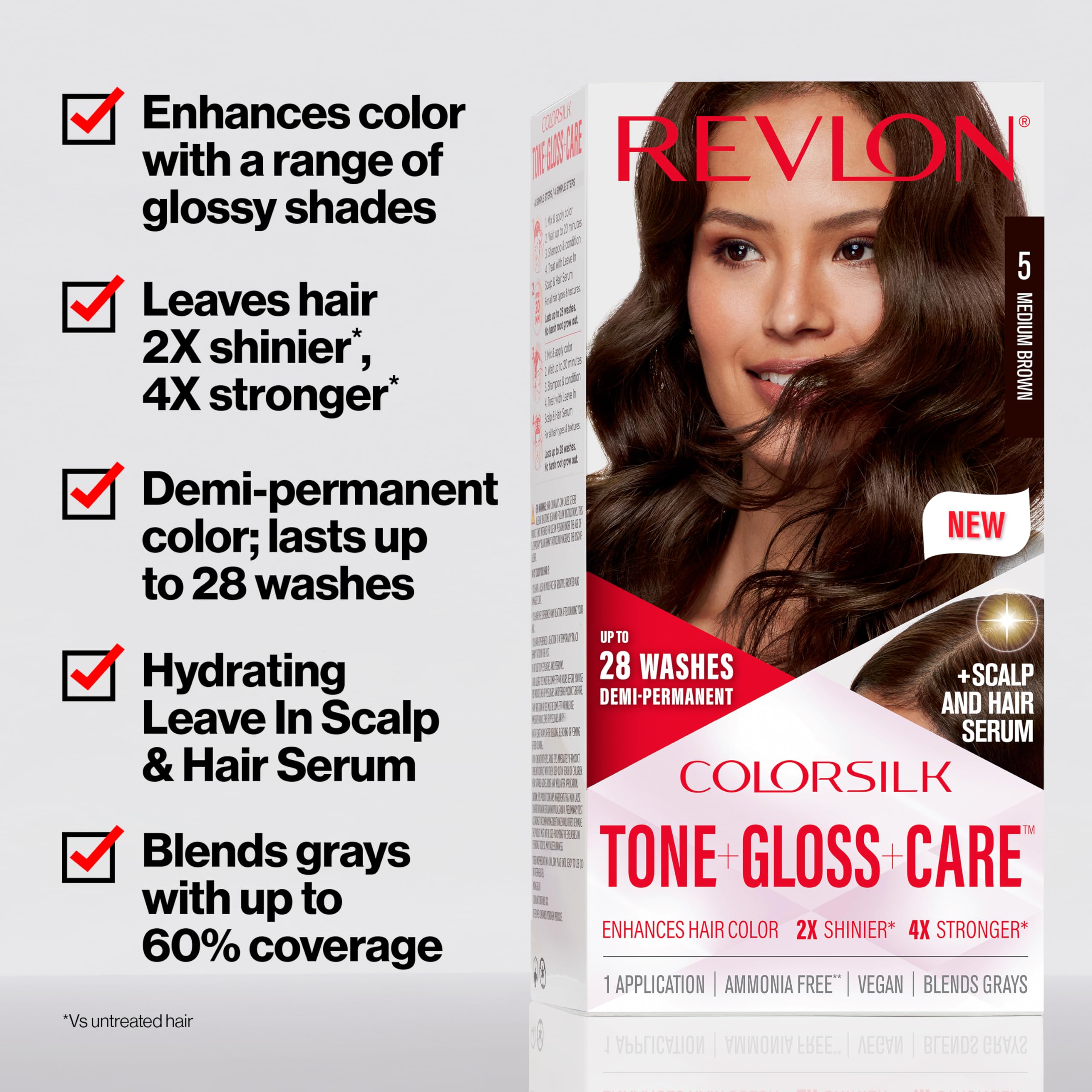 Revlon ColorSilk Tone + Gloss + Care Demi Permanent Hair Color, Dye Kit with Leave-In Scalp and Haircare Serum, 2x Shinier, 4x Stronger, 5RR Medium Red, 4.5 fl oz