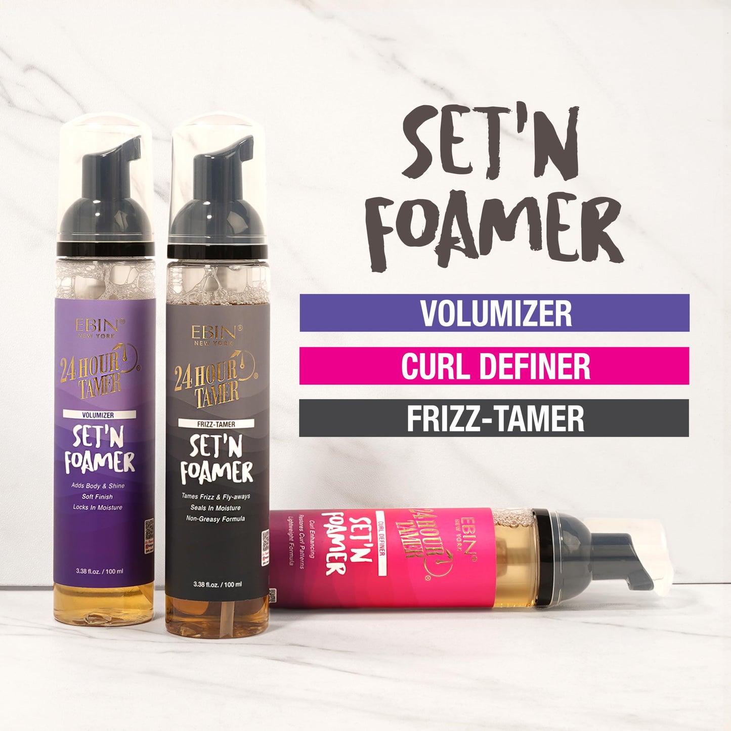 24 Hour Tamer Set'n Foamer Curl Definer 3.38oz/ 100ml - Define Curls & Waves, Enhance Volume & Shine, Soft Finish with Lightweight Texture, Restoring Curl Patterns, Nourishes Curls, No Flake