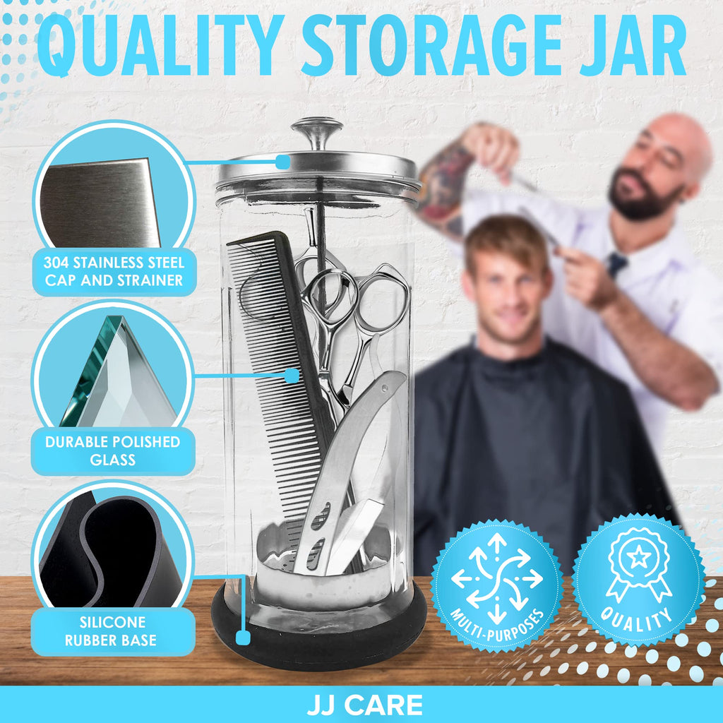 JJ CARE Disinfectant Jar (42oz) - Barber Disinfectant Jar Glass, Sanitizer Container w/Stainless Steel Removable Strainer & Cap for Manicure, Salon, Spa and Barber Tools - Silver Lid