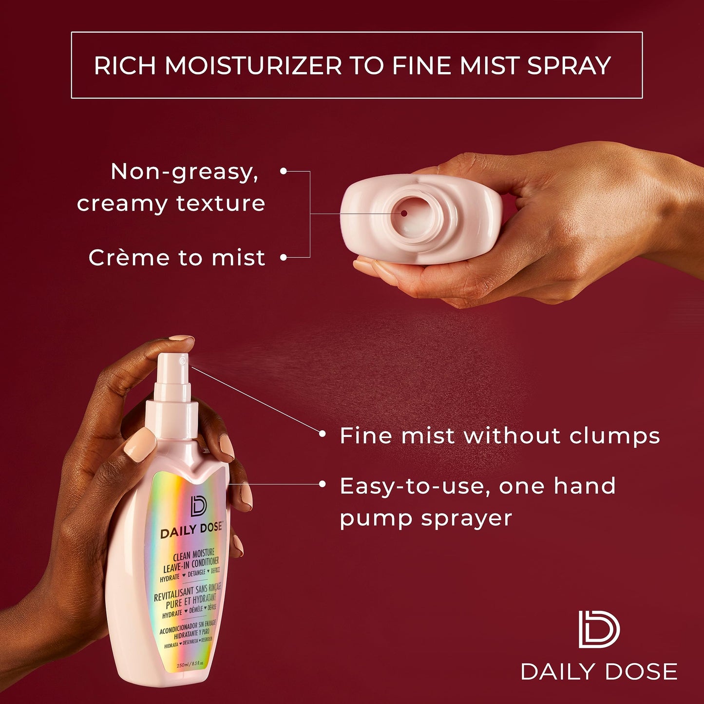 DAILY DOSE Clean Moisture Spray Leave-In Conditioner Detangler, Paraben-Free, Phthalates-Free, Cruelty-Free, Vegan