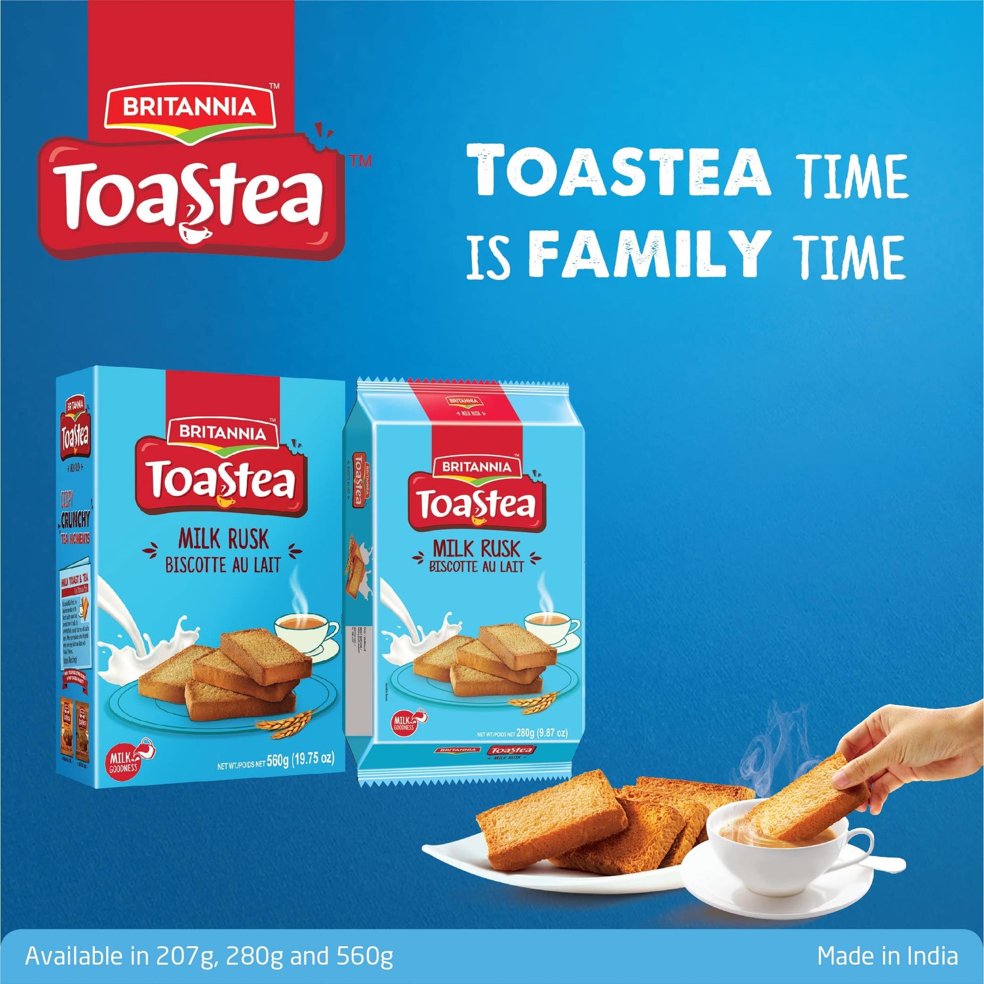 Steel Blue BRITANNIA Toastea Milk Rusk 9.87oz (280g) - Biscotte Au Lait - Crispy, Crunchy Tea Moments - Breakfast & Tea Time Snacks (Pack of 12)