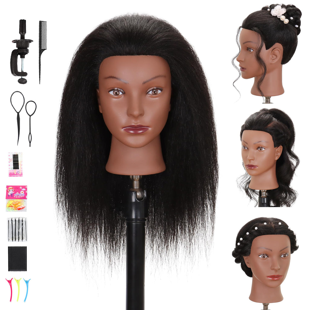 Mannequin Head 100% Real Human Hair Training Doll Head for Braiding Styling Cosmetology Practice with Clamp Stand (18 Inch)