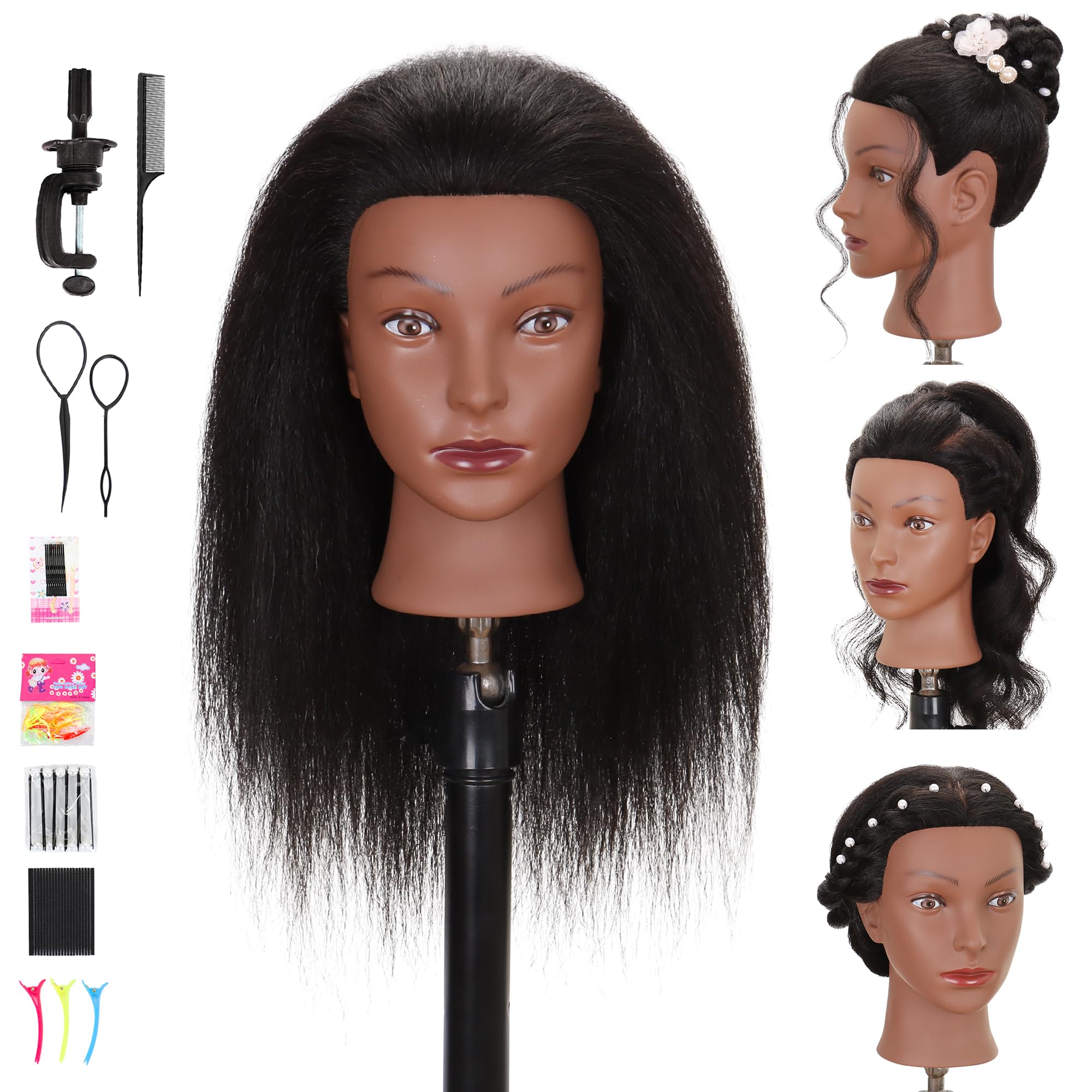 Mannequin Head 100% Real Human Hair Training Doll Head for Braiding Styling Cosmetology Practice with Clamp Stand (18 Inch)