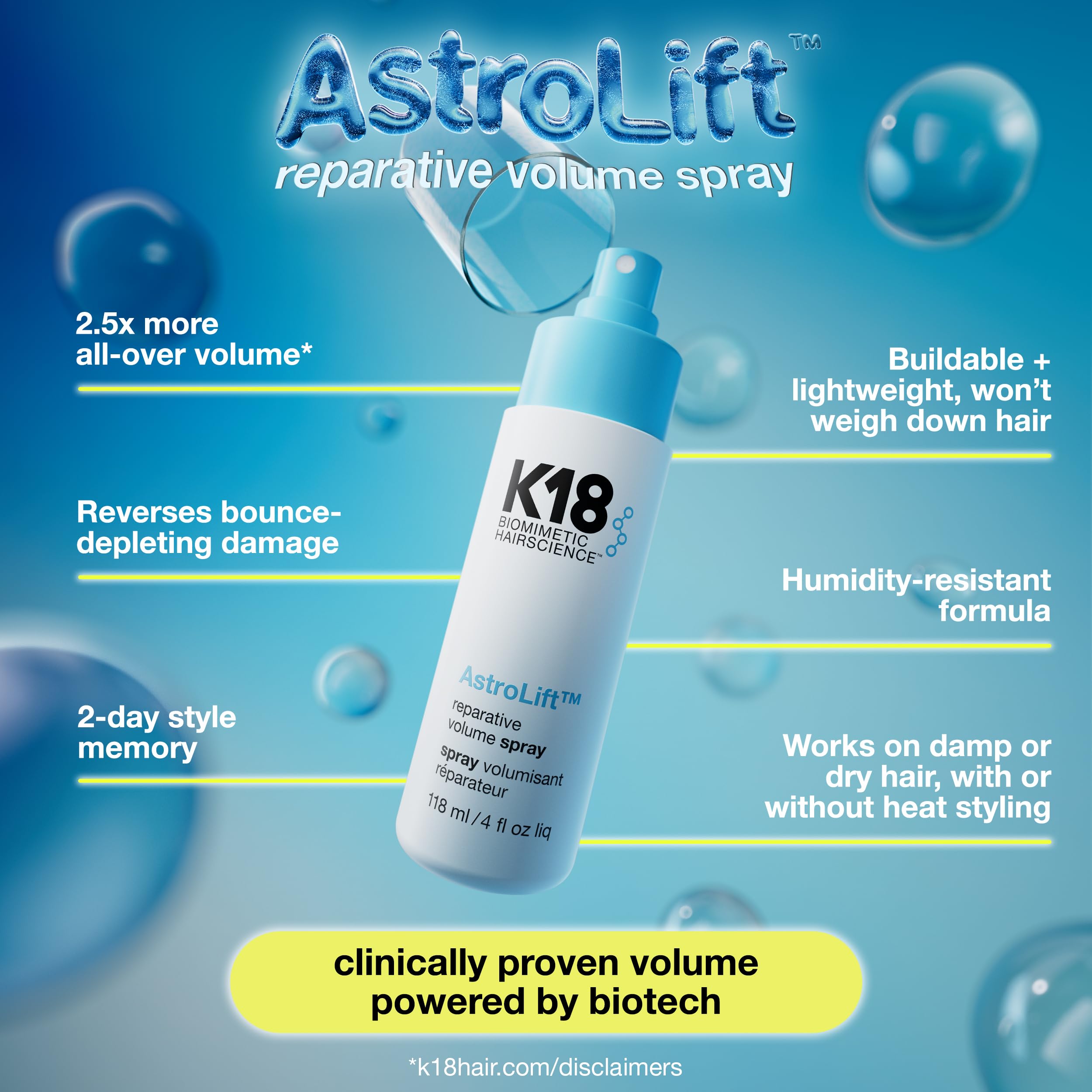 K18 AstroLift™ Reparative Volume Spray, 2-Day Hair Thickening + Hold For Thin, Fine, Fragile Hair, Non-Sticky, Non-Crunchy, Humidity-Resistant Volumizing Spray, 4 Fl Oz