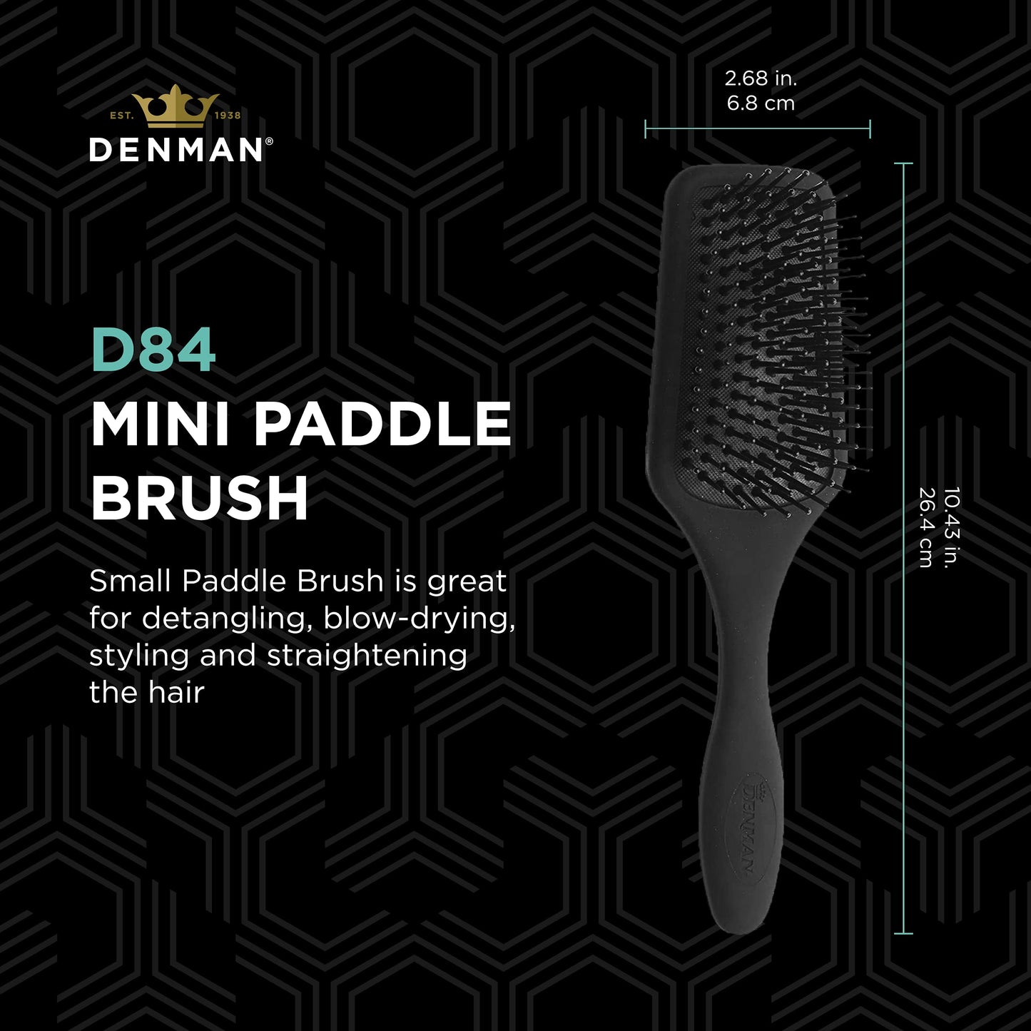 Brosse à cheveux Denman (noire) mini-coussin pour brushing, démêlage et voyage - Coiffage, lissage et lissage confortables - Pour femmes et hommes, D84