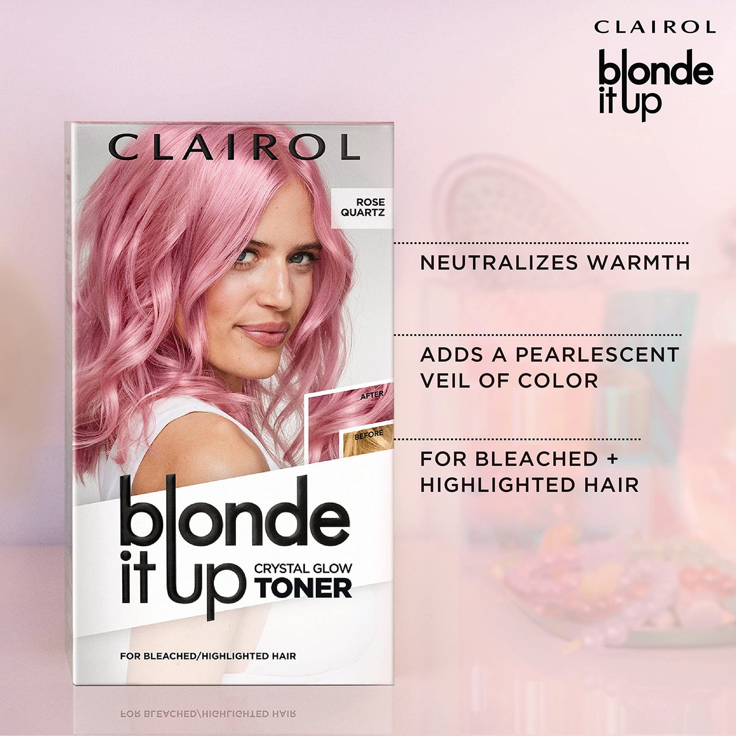 Light Gray Clairol Blonde It Up Crystal Glow Toners Demi-Permanent Hair Dye, Rose Quartz Hair Color | Ammonia Free | Add Pearlescent Tones to Pre-Lightened Shades | Neutralizes Warmth | Pack of 1