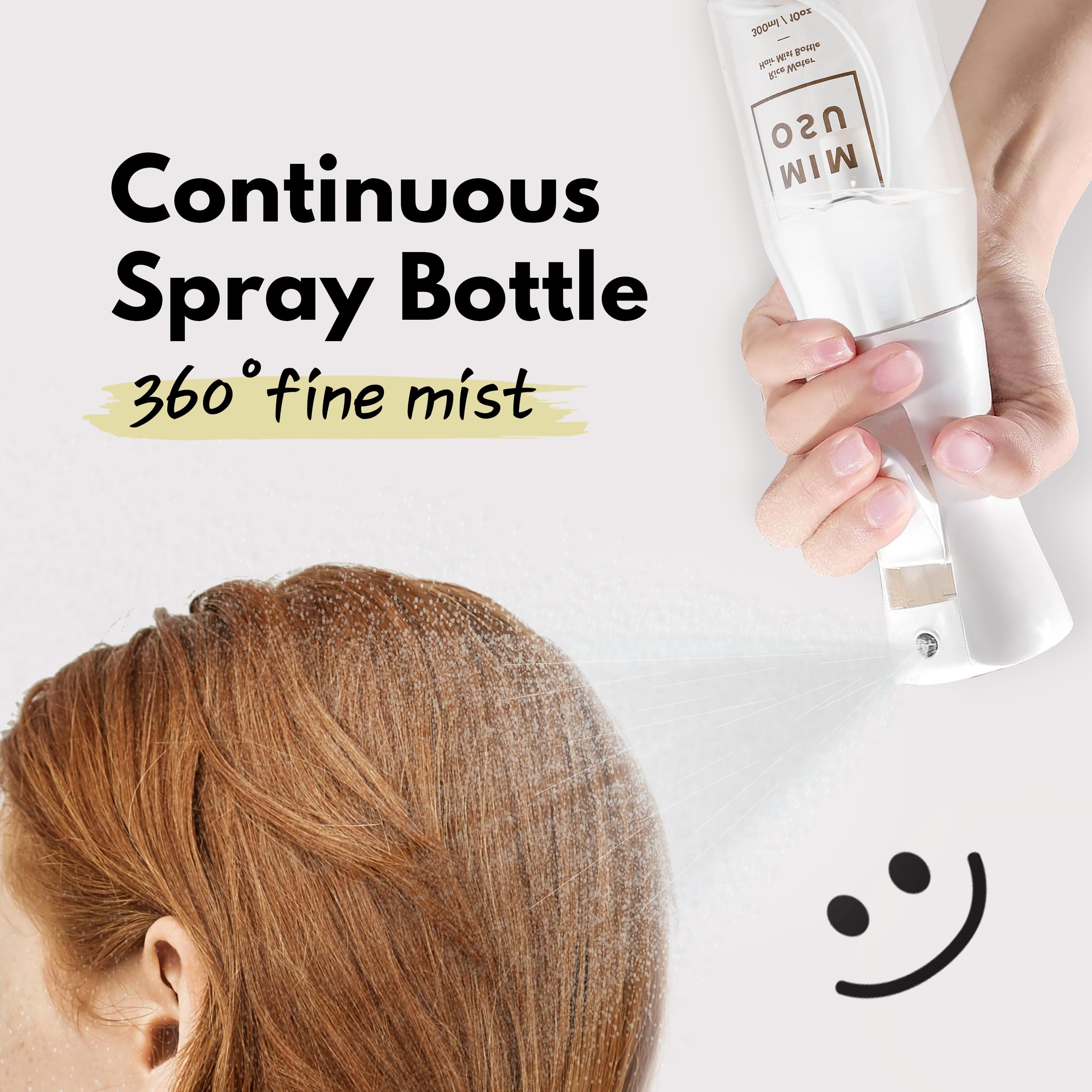 mimosu Continuous Mist Spray Bottle, 10oz – Refillable Sprayer for Hair Styling, Salon, Rice Water DIY, Curly Care Product