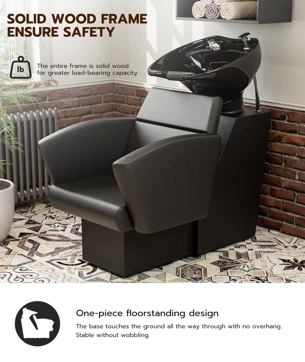 Icoget Shampoo Bowl and Chair Set for Salon, Deep Porcelain Tilting Salon Sinks for Hair Stylist, Backwash Shampoo Stations for Barber,Home, Black