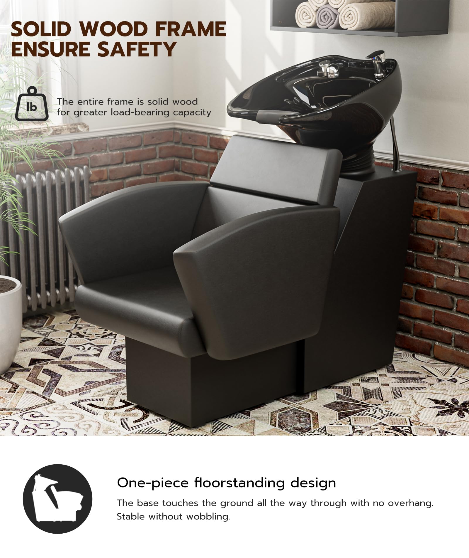 Icoget Shampoo Bowl and Chair Set for Salon, Deep Porcelain Tilting Salon Sinks for Hair Stylist, Backwash Shampoo Stations for Barber,Home, Black