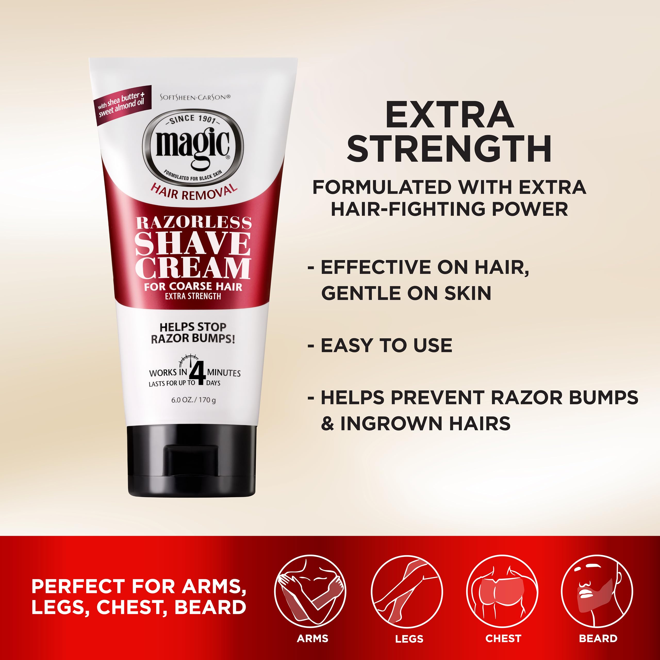 SoftSheen-Carson Magic Razorless Shaving Cream, Depilatory Hair Removal Cream for Body Hair, Extra Strength, Works in 4 Minutes for, 6 oz