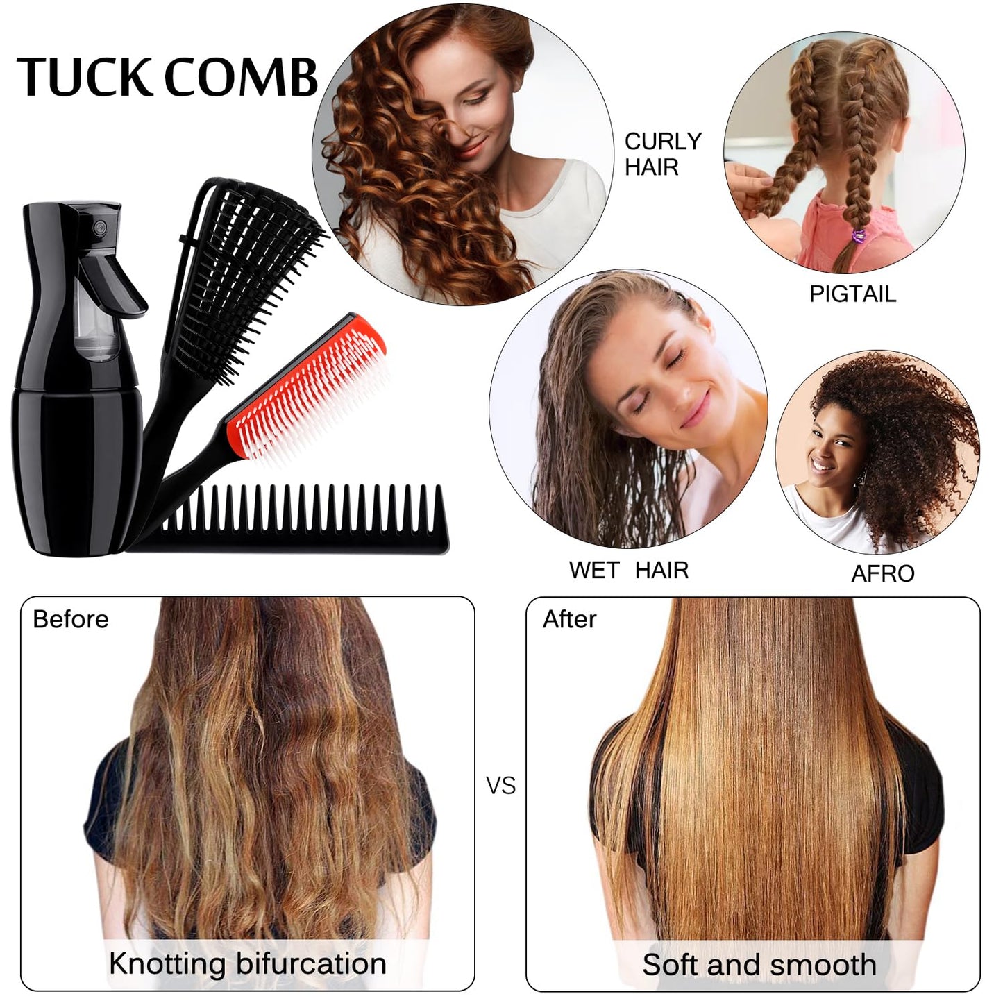 4pcs Curly Hair Brush Set for Adult & Kids, Wet or Dry, Detangling with Spray Bottle, Wide Tooth Comb (3+1, Red)