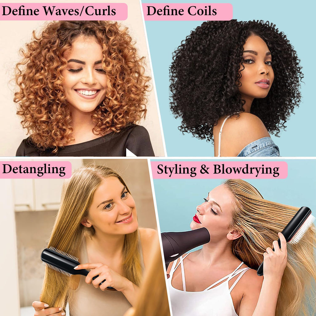 KTKUDY 9 Row Defining Brush for Shaping and Finishing Curls - Detangling Blow-Drying Brush for Thick, Wavy or Coily Hair (Black&Pink)