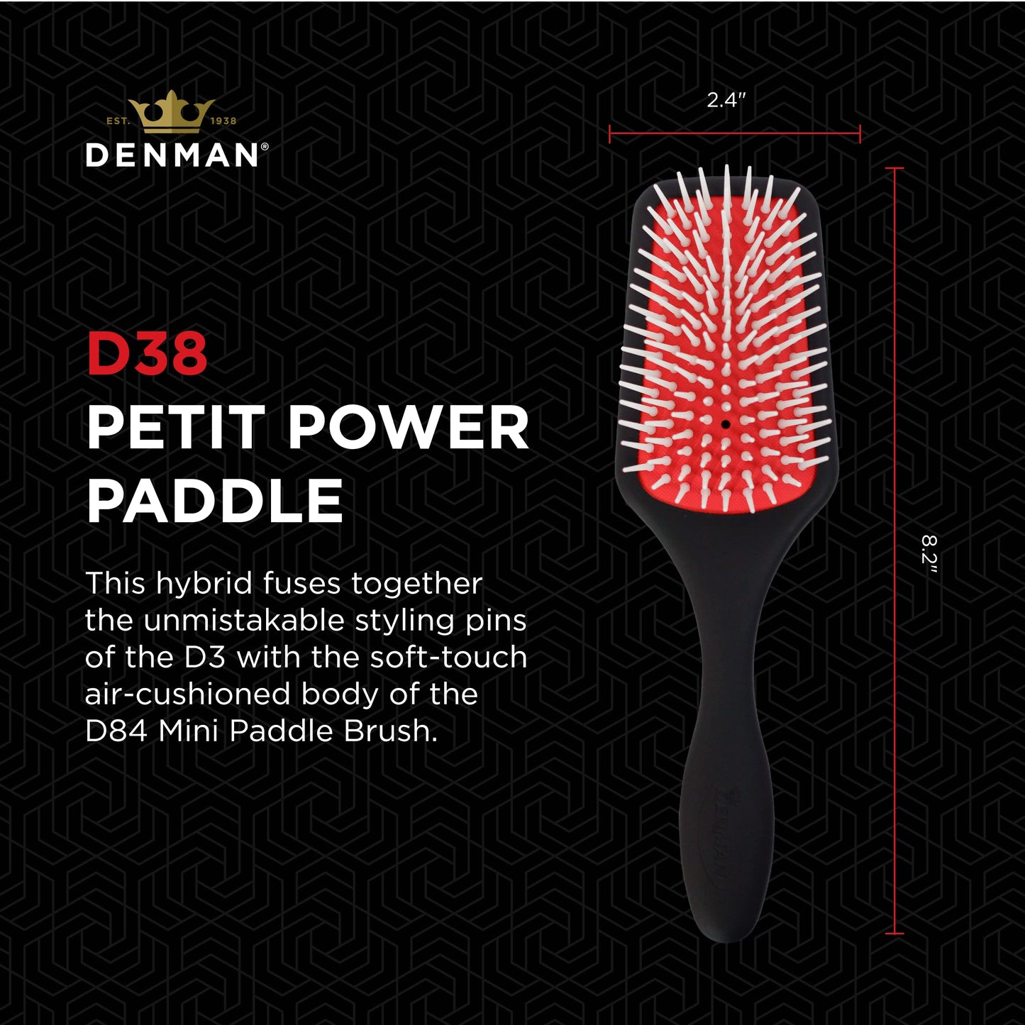Denman Petite Detangler pour un démêlage et un brushing rapides et confortables D38 - Combinaison de picots de coiffage D3 et d'une brosse plate (noire)