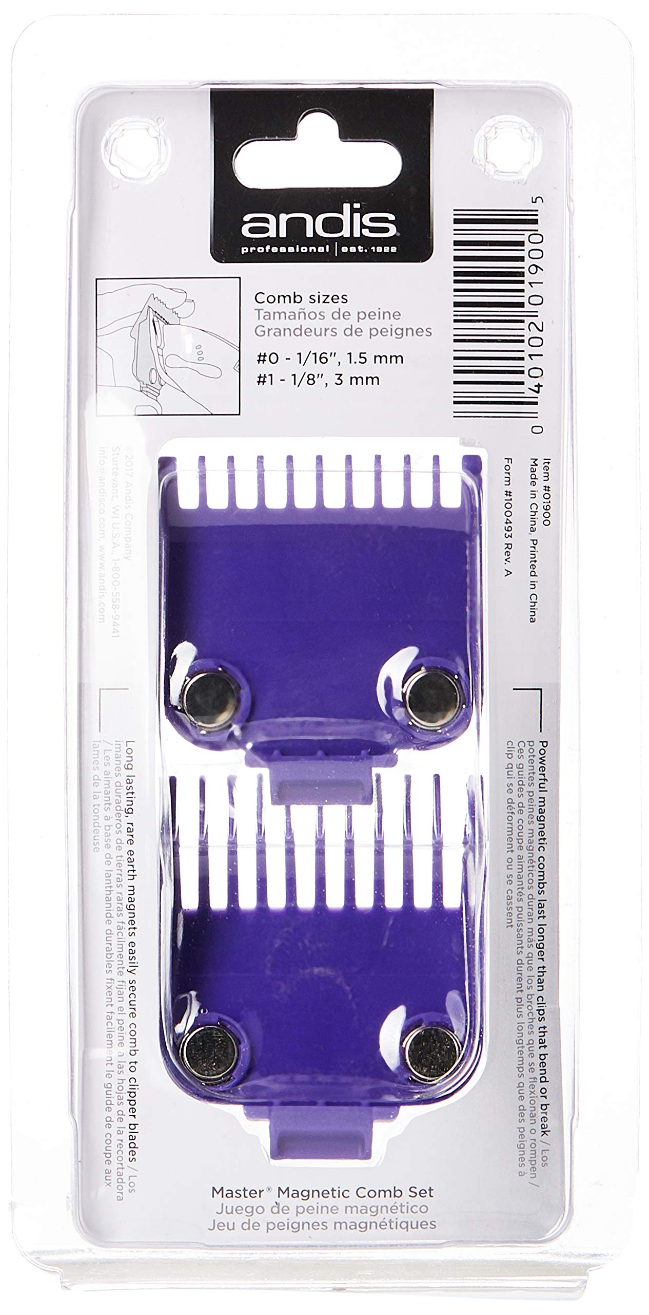 Andis 01900 Master Magnetic Comb Set – Made Up of Polymer Material, Includes Long-Lasting Magnet Infused with Nano Silver Technology – Fits Series MBA, MC-2, ML - 2 Pieces, Purple