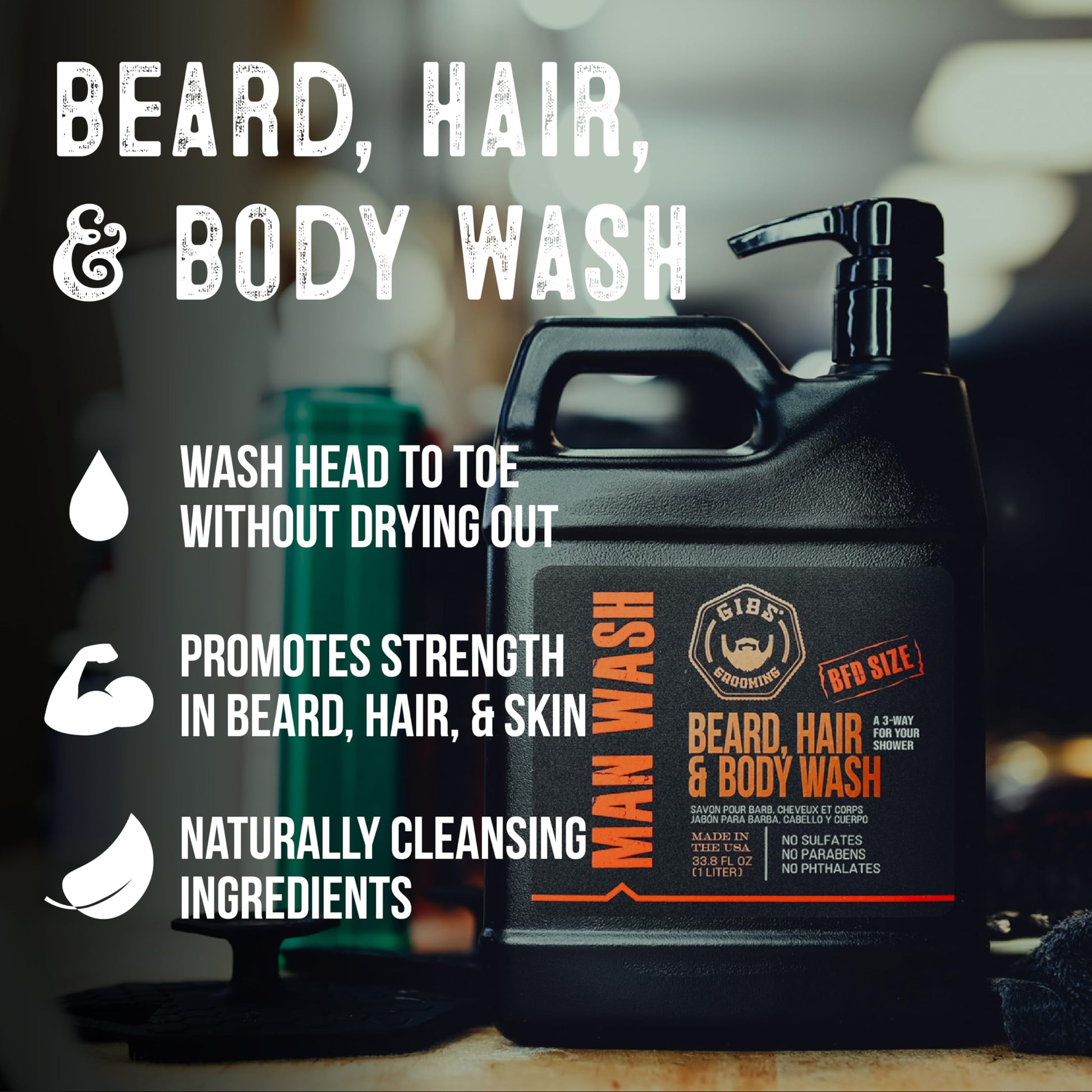 Black GIBS Grooming - Original Man Wash (33.8 fl oz) 3-in-1 Beard, Hair, Body Soap - Citrus, Oak, Basil Scent - Sulfate Free - Tea Tree Oil, Hemp Oil, Protein - Mens Body Wash & Mens Shampoo - Made in USA