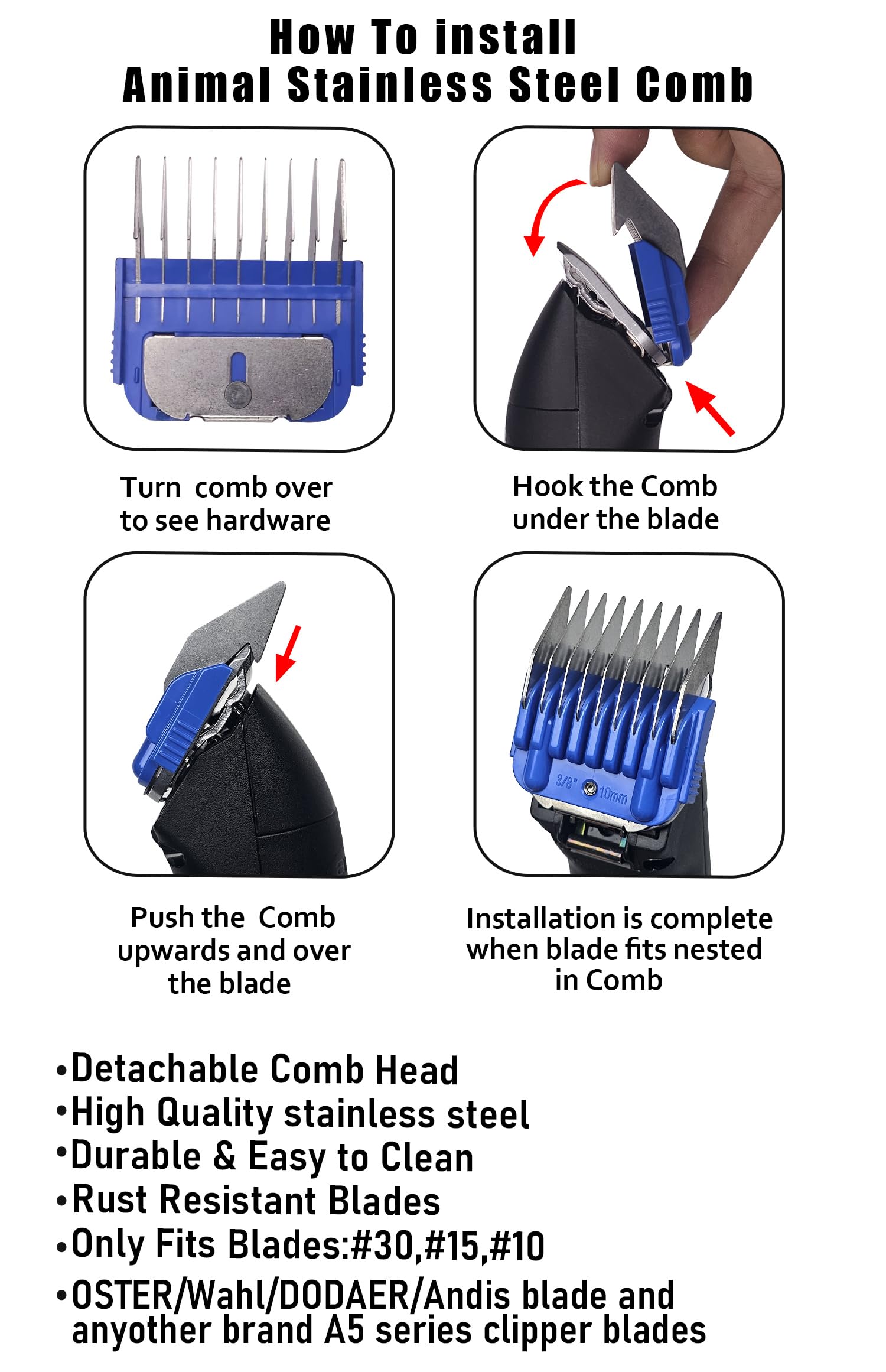 Animal Stainless Steel Attachment 8 Colors Guide Comb Set from 1/8 Inch to 1 Inch(3-25mm),Compatible with Andis, Oster A5, Wahl KM10 Series Clipper Detachable Blade(Only fit for 15# 10# 30# blade)