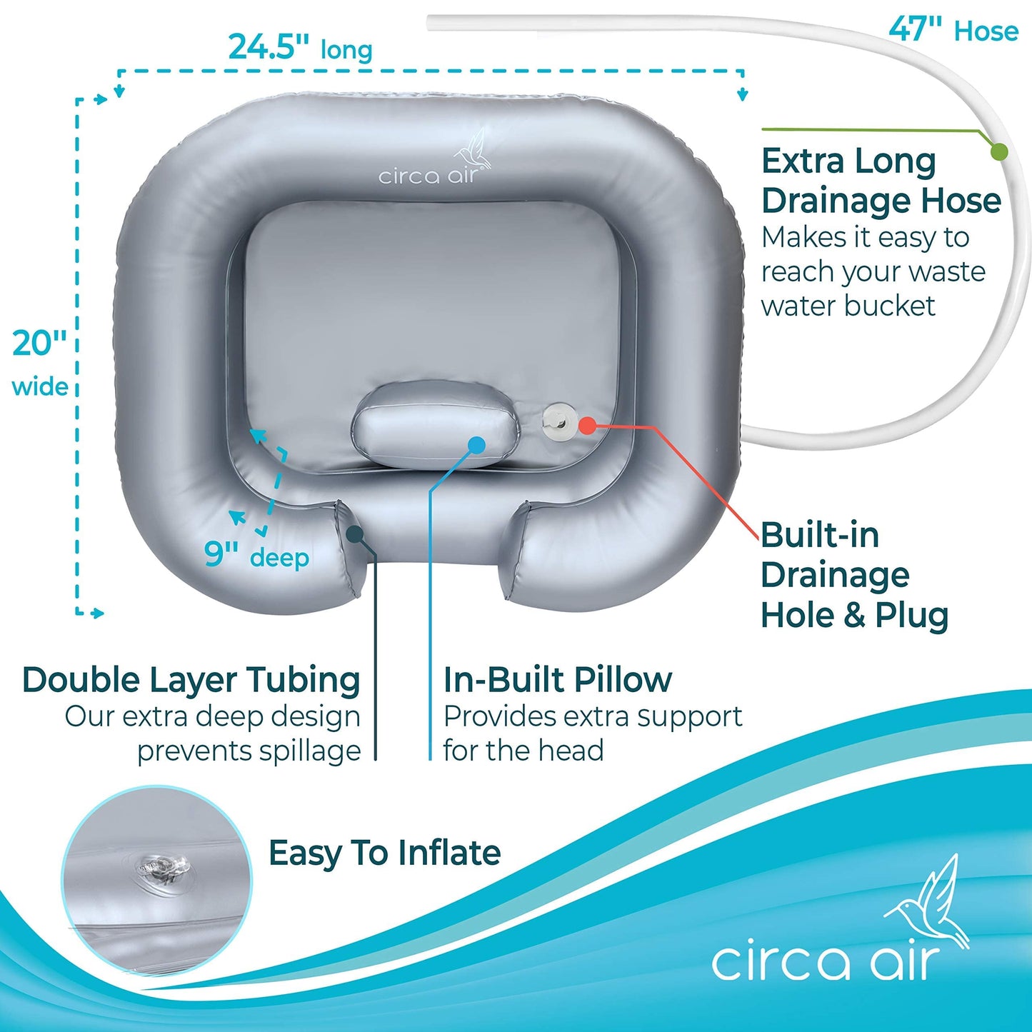 White Smoke Circa Air Inflatable Hair Washing Basin For Bedridden - Wash Hair In Bed With Shampoo Basin. Portable Shampoo Bowl With Pillow For Extra Comfort. The Perfect Inflatable Sink For Locs Detox