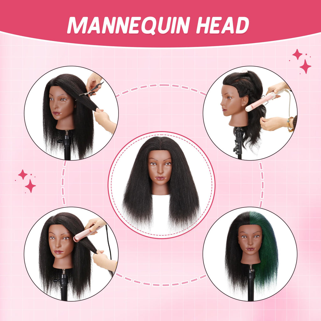 Mannequin Head 100% Real Human Hair Training Doll Head for Braiding Styling Cosmetology Practice with Clamp Stand (18 Inch)