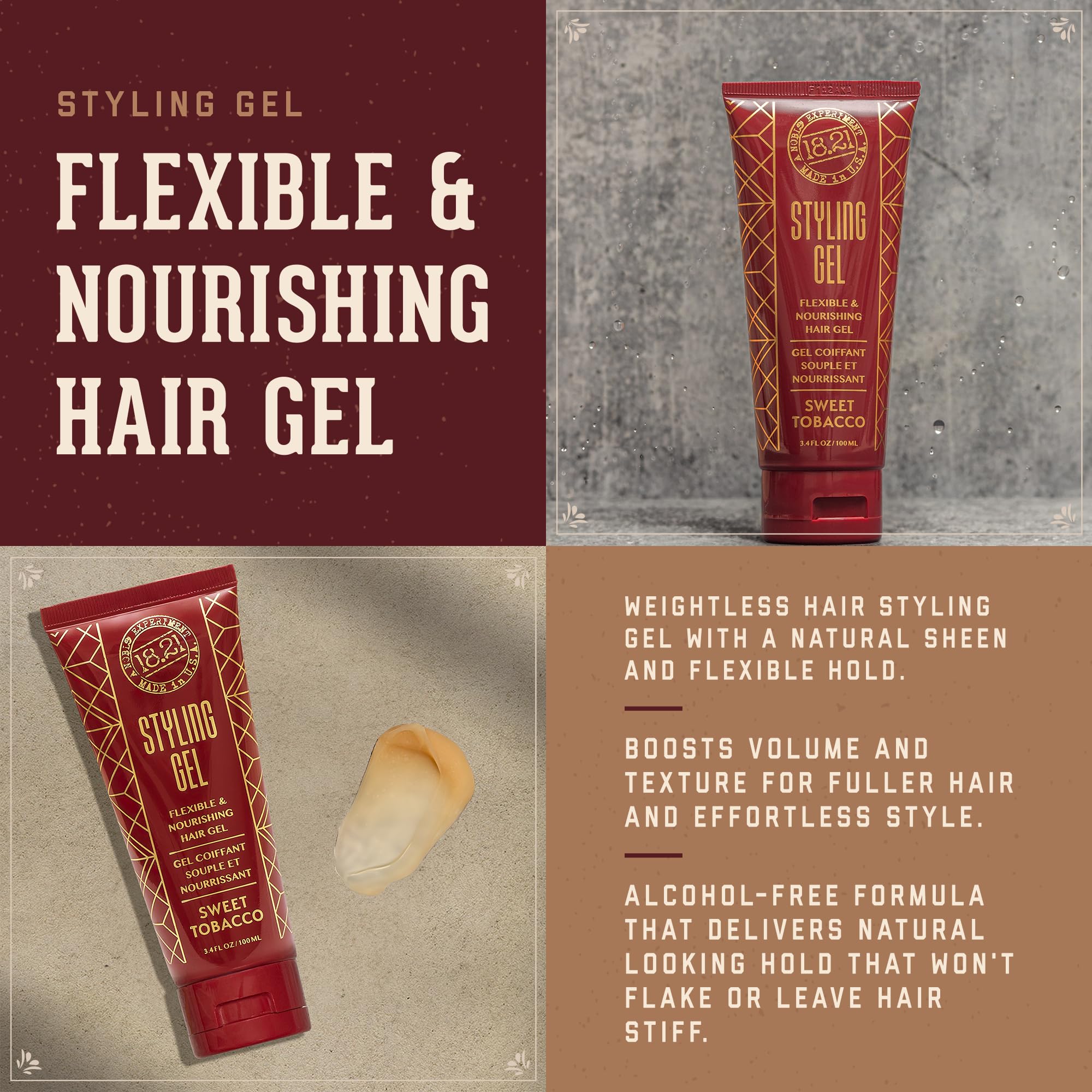 18.21 Man Made Hair Styling Gel for Men, Weightless All-Day Flexible Hold, 3oz. Original Sweet Tobacco Scent
