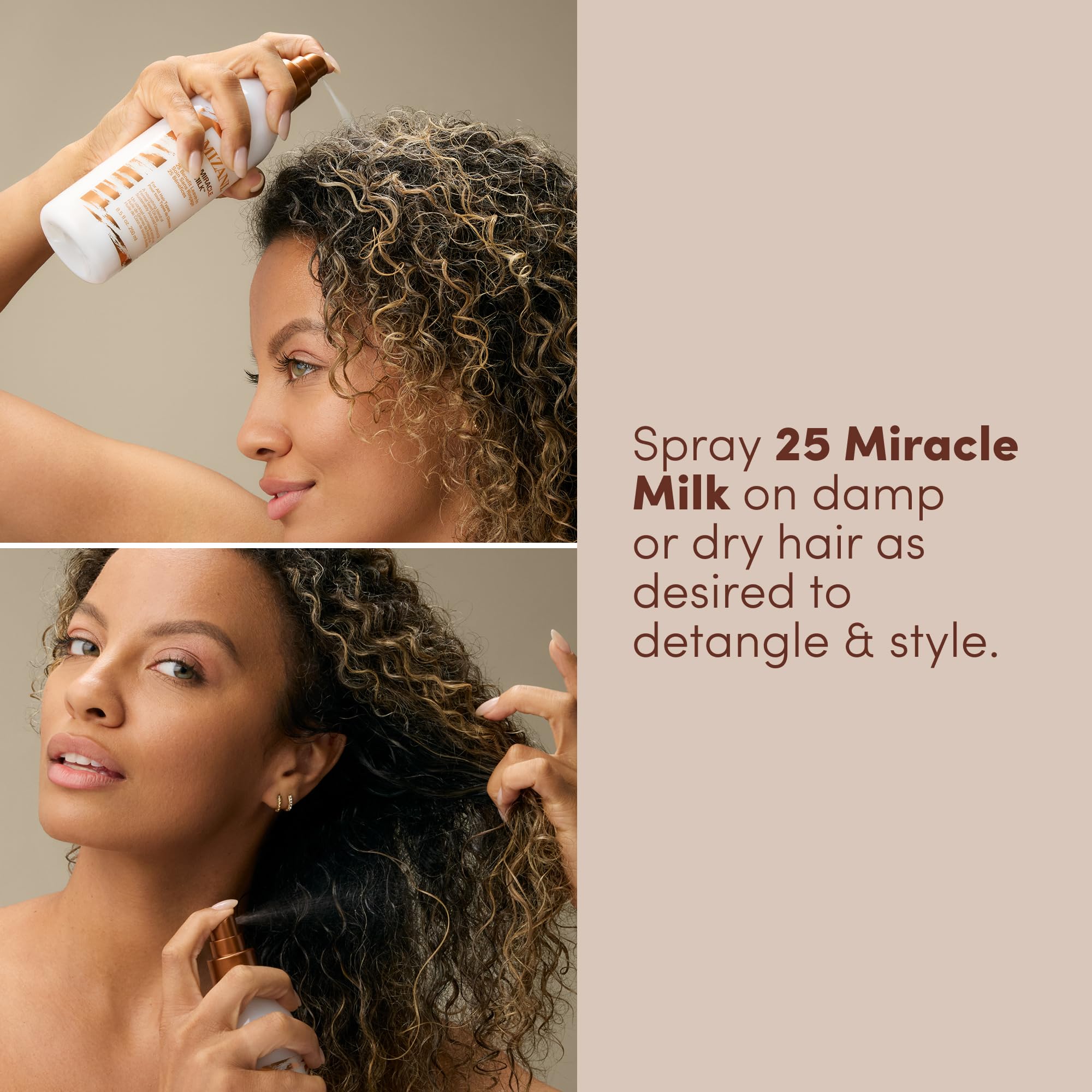 Mizani 25 Benefit Miracle Milk - Leave in Conditioner for Curly Hair, With Coconut Oil, Curl Detangler Spray, Anti Frizz Heat Protectant, No Drying Alcohols, Paraben-Free, 8.5 Fl Oz