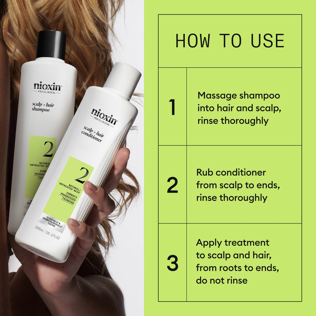 Nioxin Scalp + Hair Thickening System 2 | For Natural or Untreated Hair with Progressed Thinning| Full Size| 3 Month Supply