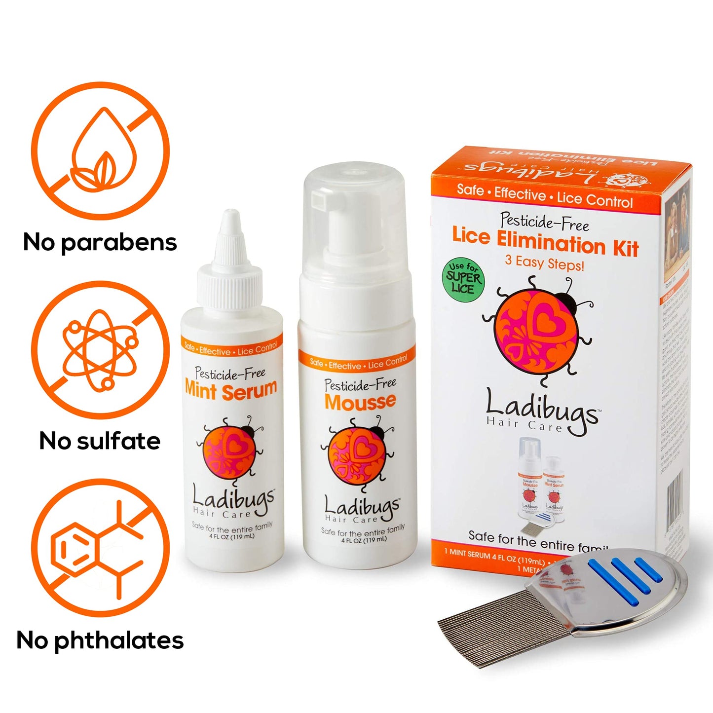LADIBUGS One and Done Lice Treatment Kit - 3-Step Elimination - Comb, Mousse, Serum | Natural & Effective Head Lice & Nit Fix | Safe Removal for Kids, Family | Clinic Preferred, Nurse Approved