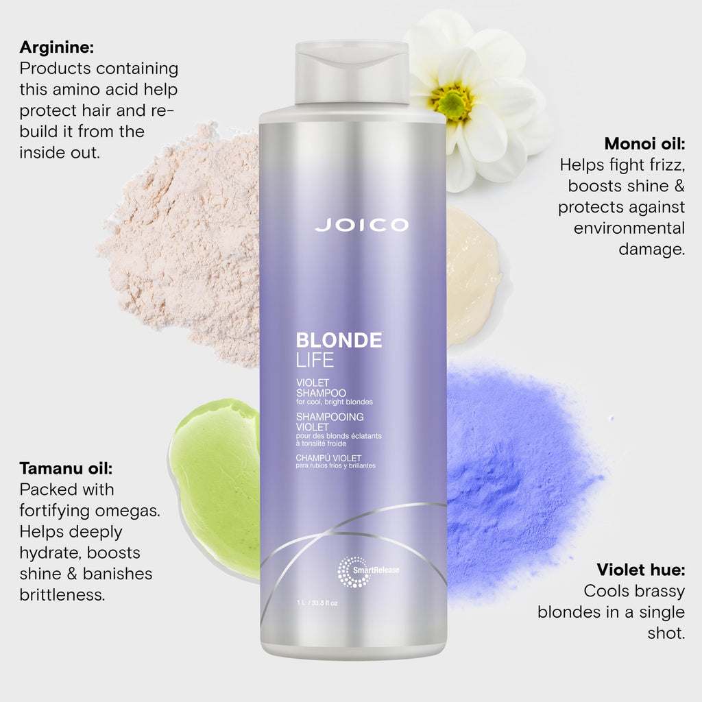 Joico Blonde Life Violet Shampoo | For Cool & Bright Blonde Hair | Neutralize Brassy Tones | Banish Yellow Tones | Boost Shine | Sulfate Free | With Monoi & Tamanu Oil | 33.8 Fl Oz