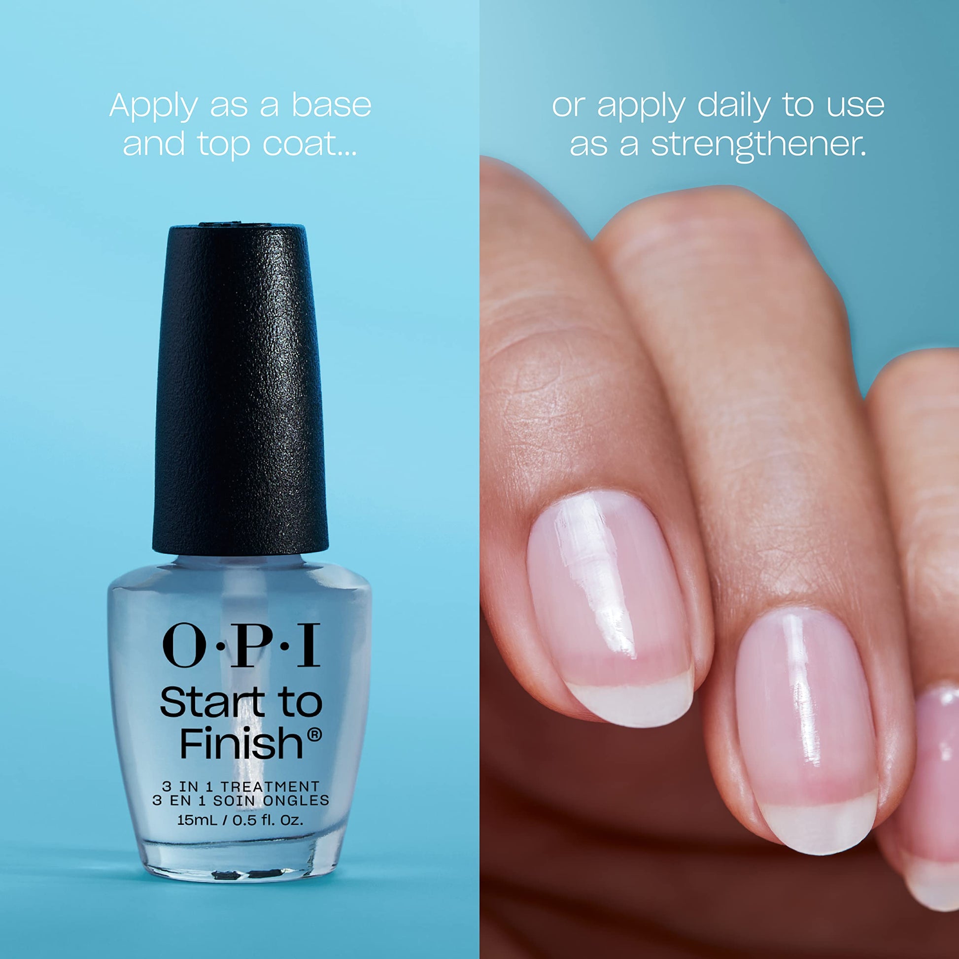 Sky Blue OPI Start to Finish | 3-in-1 Nail Polish Treatment, Base Coat, Top Coat, Nail Strengthener | Vitamin A & E, Vegan Formula