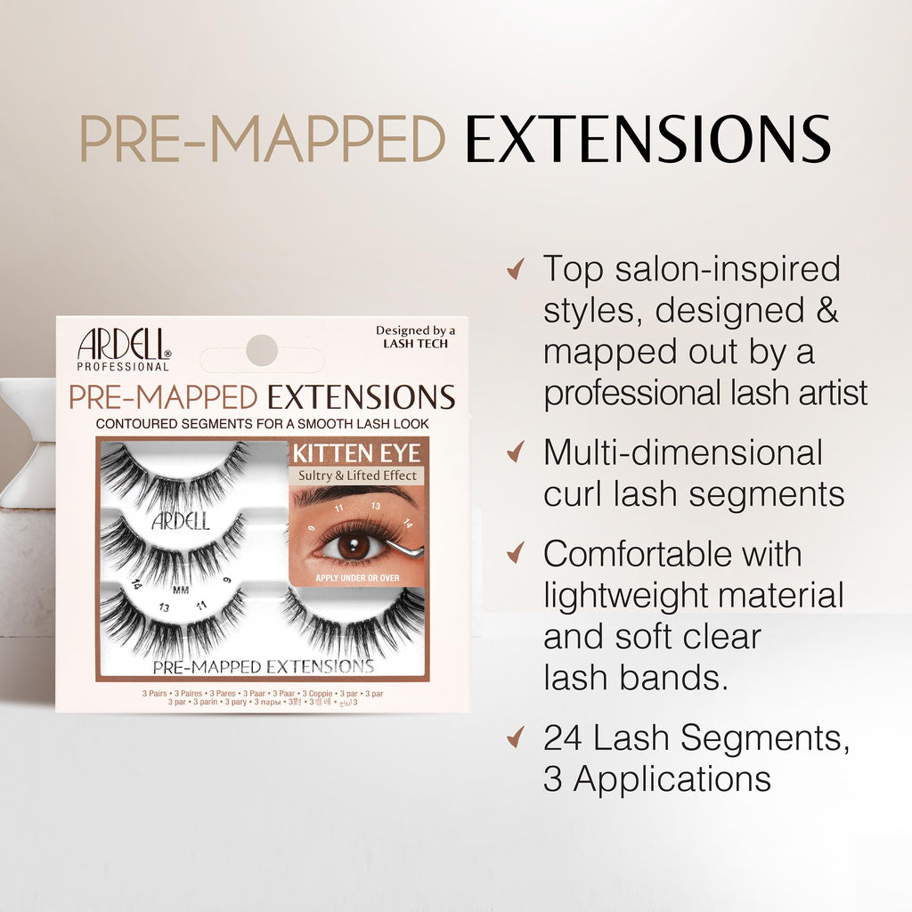Ardell Pre-Mapped Eyelash Extensions - False Lashes Kitten Eye, Reusable Segmented Lash Strips, Natural-Looking Lash Extensions, 3 Pack