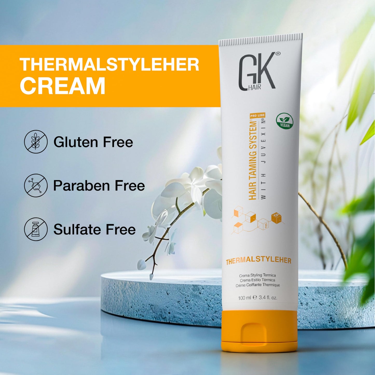 GK HAIR Global Keratin ThermalStyleHer Hair Cream (3.4 Fl Oz/100ml) - Thermal Styling Blow Dry Heat Protectant Cream - Anti Frizz Damage Protection Styling Cream for All Hair Types
