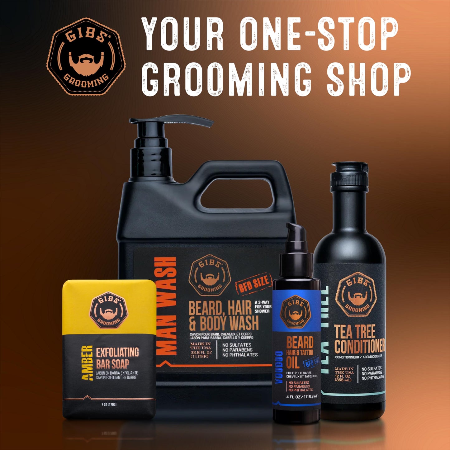 Black GIBS Grooming - Amber Man Wash (12 fl oz) 3-in-1 Beard, Hair, Body Soap - Citrus, Oak, Basil Scent - Sulfate Free - Tea Tree Oil, Hemp Oil, Protein - Mens Body Wash & Mens Shampoo - Made in USA