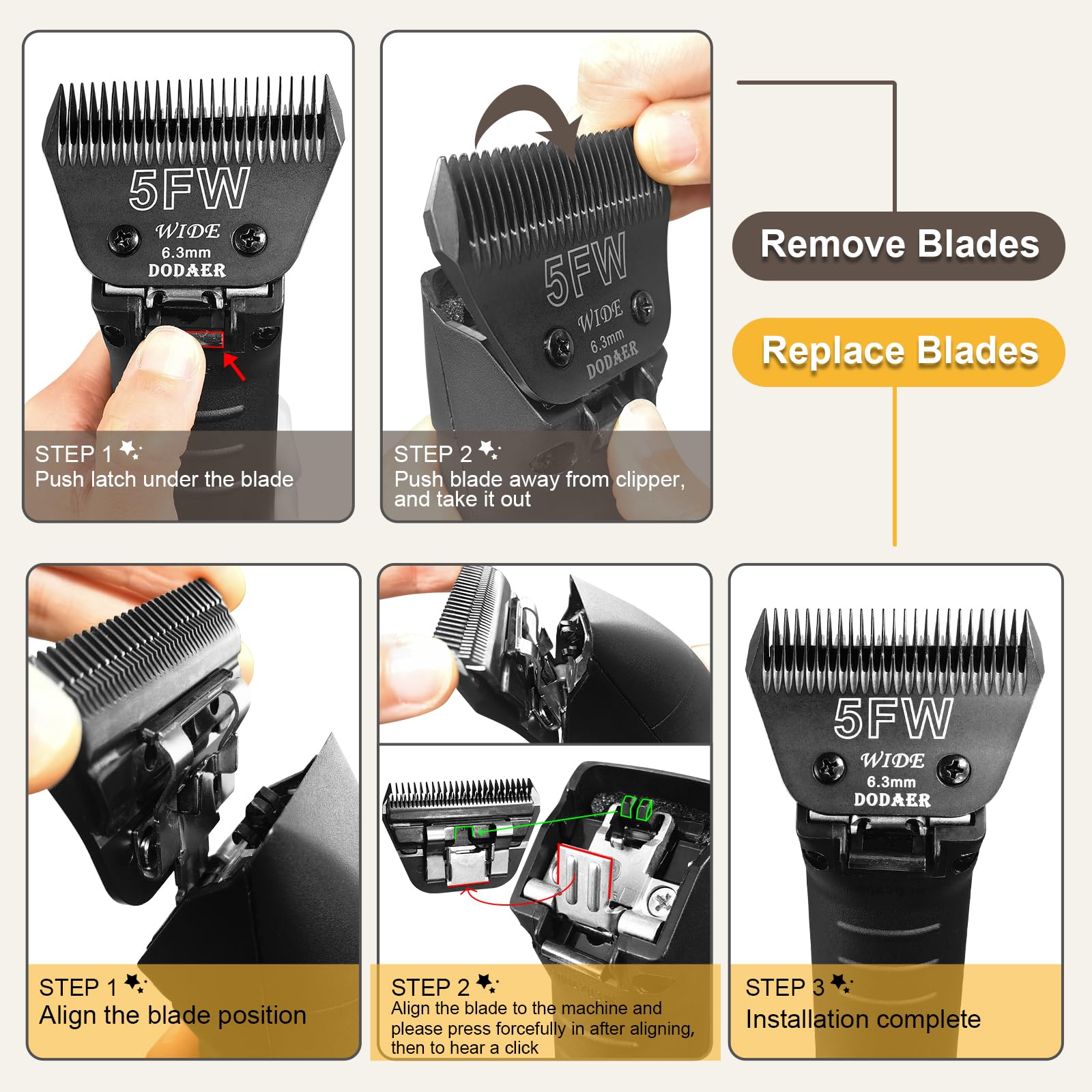 DODAER 30W+10W+7FW+5FW+4FW Wide Blades for Dog Grooming,Compatible with Andis,Oster A5,Wahl km10 Clippers,Cutting Length 1/50" to 3/8",5 Pack(Black)
