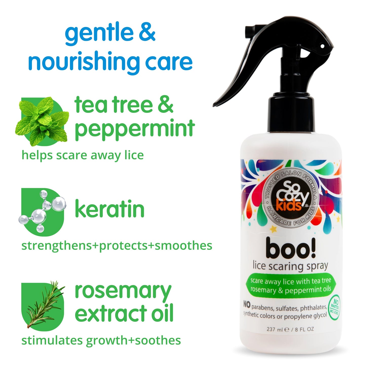 SoCozy Boo Lice Scaring Spray For Kids Hair, Effective Lice Treatment (8 Fl Oz) Clinically Proven to Repel Lice, Conditioning Spray with Tea Tree Oil, Rosemary Oil & Keratin, Paraben & Sulfate Free