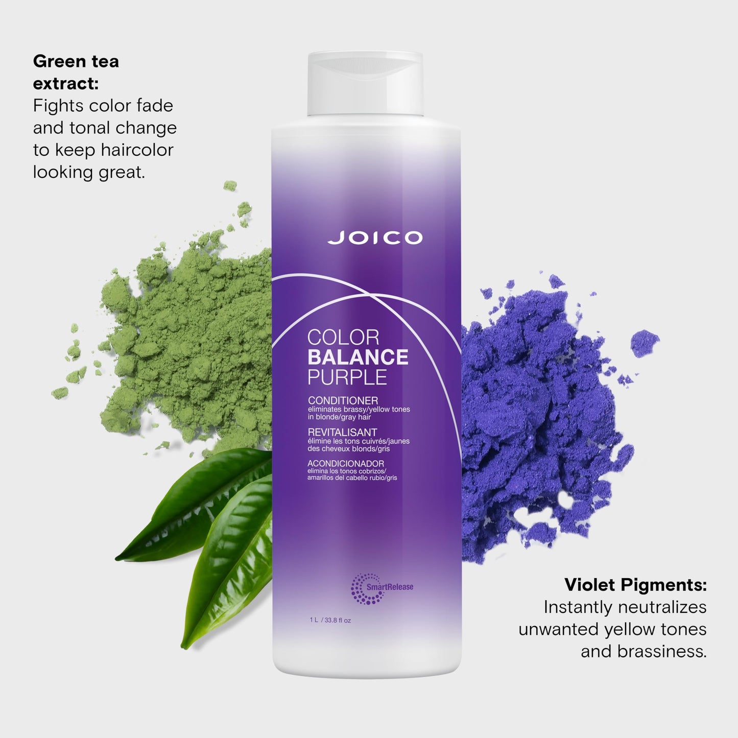 Joico 色彩平衡紫色护发素 | 适合冷金色、灰白色头发 | 消除黄铜黄色调 | 提升色彩活力和光泽 | 防紫外线 | 添加玫瑰果油和绿茶提取物 | 33.8 液体盎司