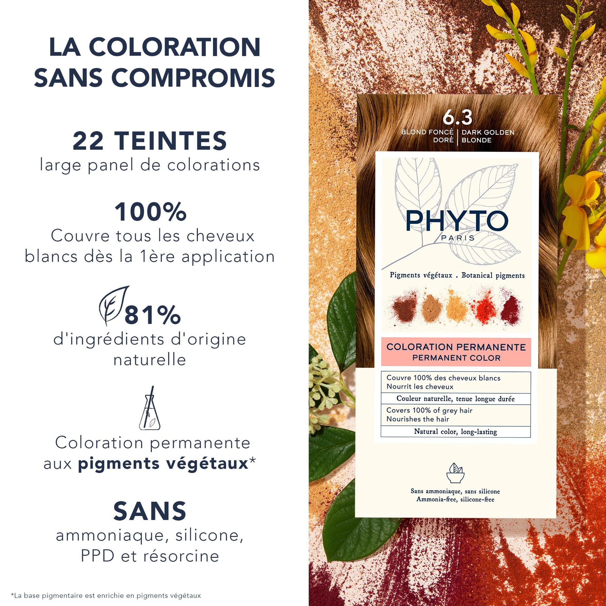 White Smoke PHYTO Phytocolor Permanent Hair Color, 6.3 Dark Golden Blonde, with Botanical Pigments, 100% Grey Hair Coverage, Ammonia-free, PPD-free, Resorcin-free, 0.42 oz.