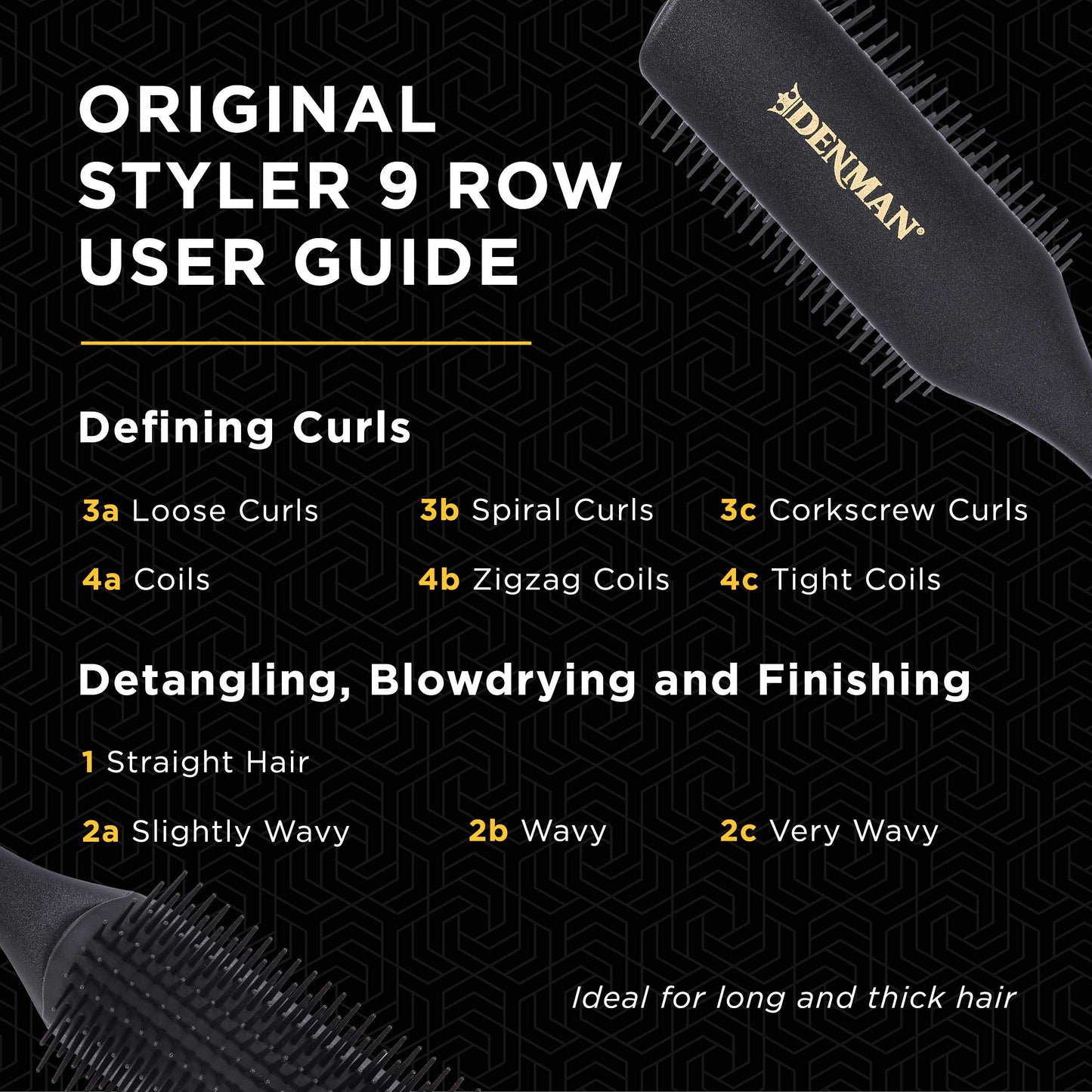 Brosse à cheveux bouclés Denman D4 (noire) à 9 rangs pour coiffer, lisser les cheveux longs et définir les boucles – Pour femmes et hommes