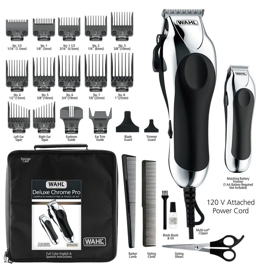 Wahl Clipper USA Deluxe Corded Chrome Pro, Complete Hair and Trimming Kit, Includes Corded Clipper, Cordless Battery Trimmer, and Styling Shears, for a Cut Every Time - Model 3029682