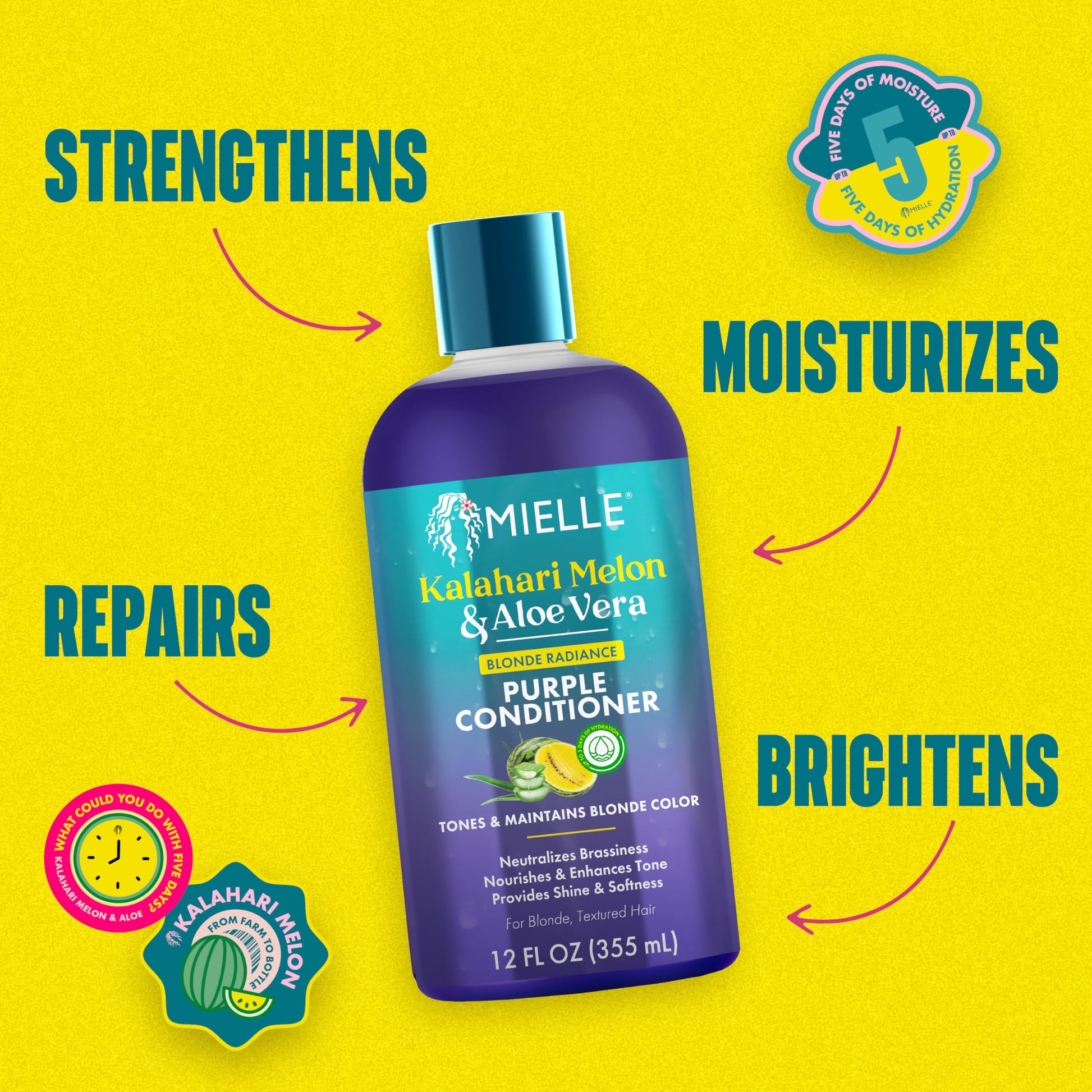 Gold Mielle Kalahari Melon & Aloe Vera Purple Conditioner, Blonde Radiance Toning Conditioner for Brassy Hair, Moisturizing & Color-Safe for Blonde & Textured Hair, Sulfate-Free, 12 Ounce