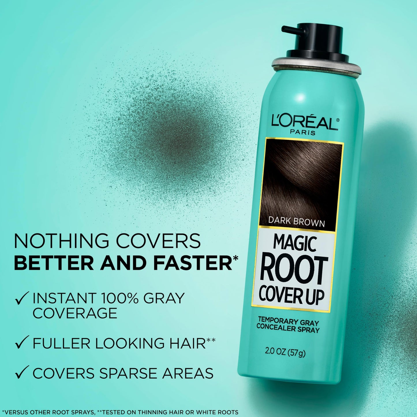 Powder Blue L'Oreal Paris Root Cover Up Temporary Gray Concealer Spray, Hair Color Spray with Filling & Thickening Coverage, Dark Brown, Packaging May Vary