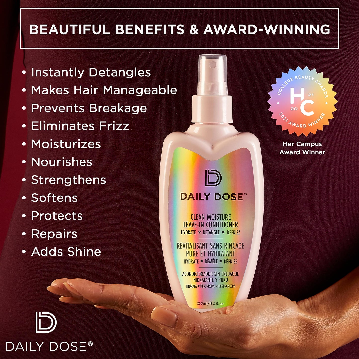 DAILY DOSE Clean Moisture Spray Leave-In Conditioner Detangler, Paraben-Free, Phthalates-Free, Cruelty-Free, Vegan