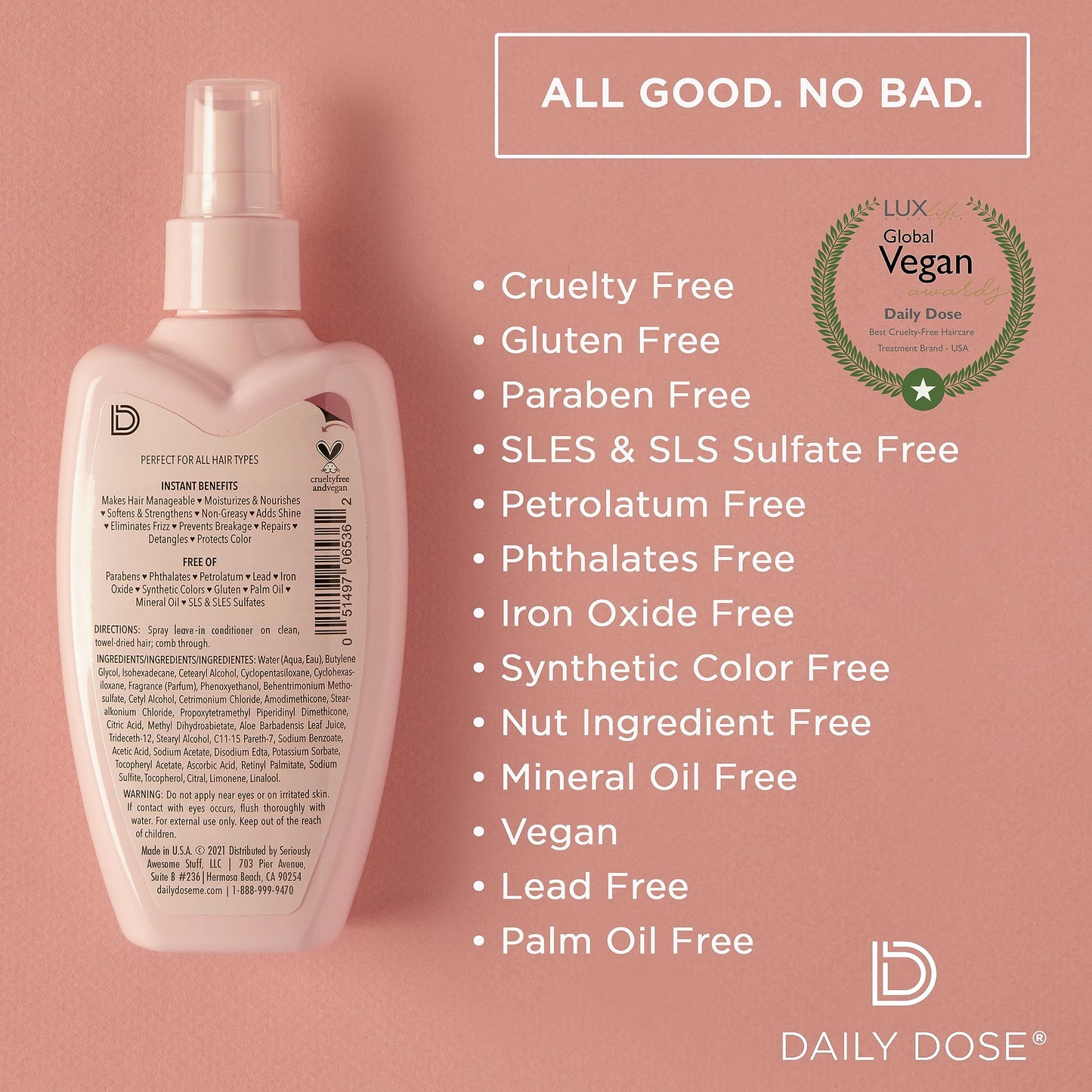 DAILY DOSE Clean Moisture Spray Leave-In Conditioner Detangler, Paraben-Free, Phthalates-Free, Cruelty-Free, Vegan